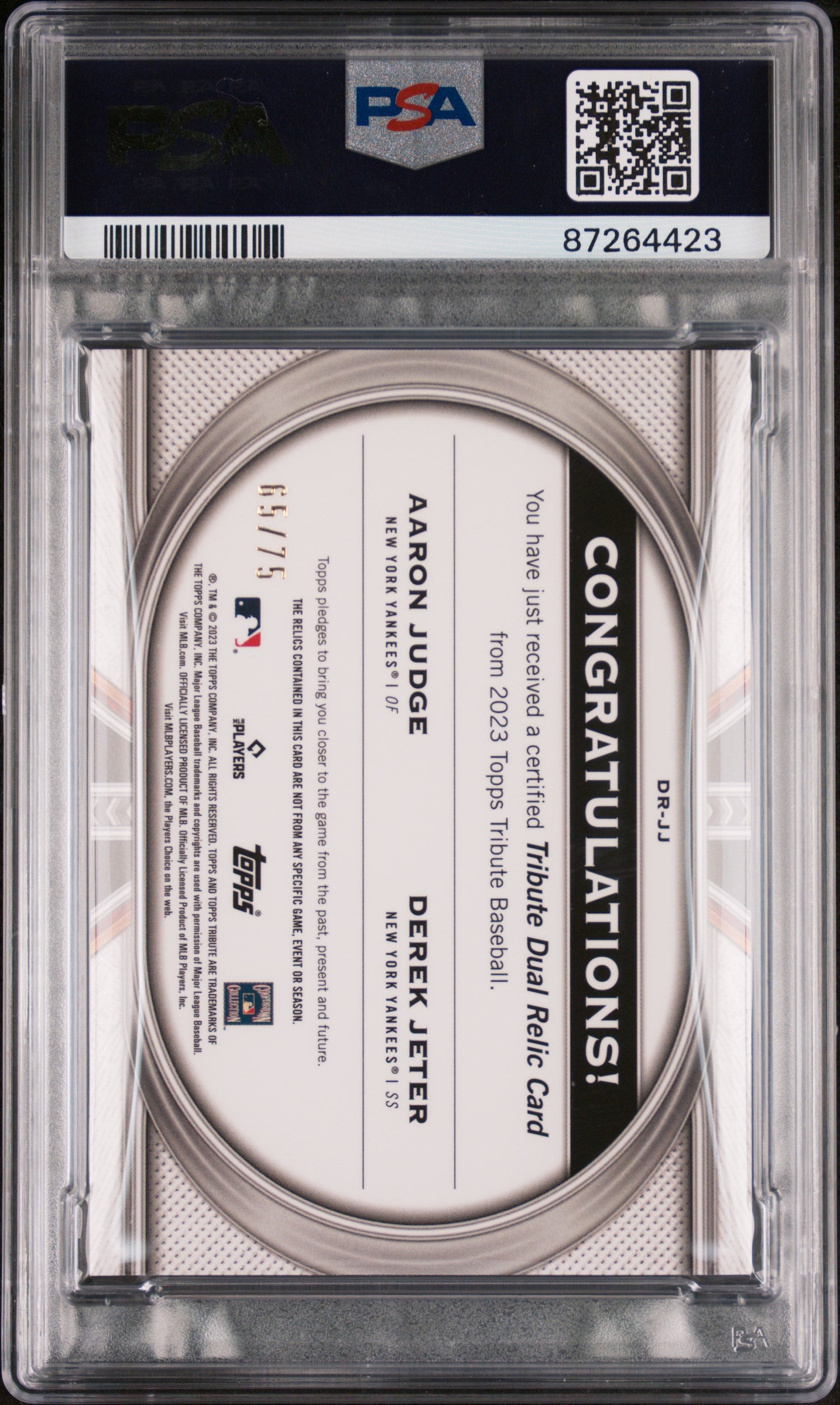 2023 Topps Tribute Tribute Dual Relics Jersey Jeter / Judge #/75 PSA 10  POP 1