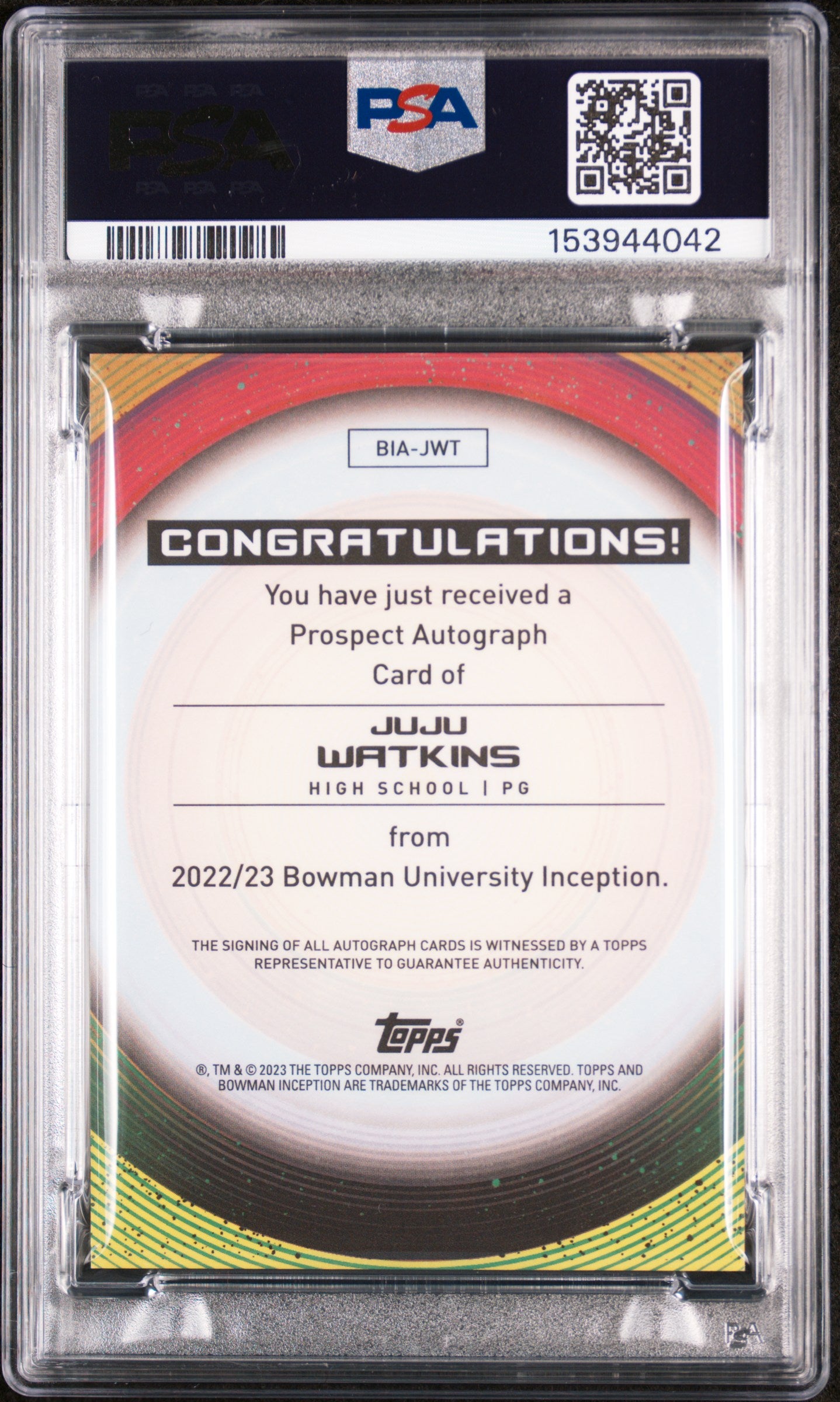 2022 Bowman University Inception Autographs Juju Watkins RC PSA 10 Auto 10