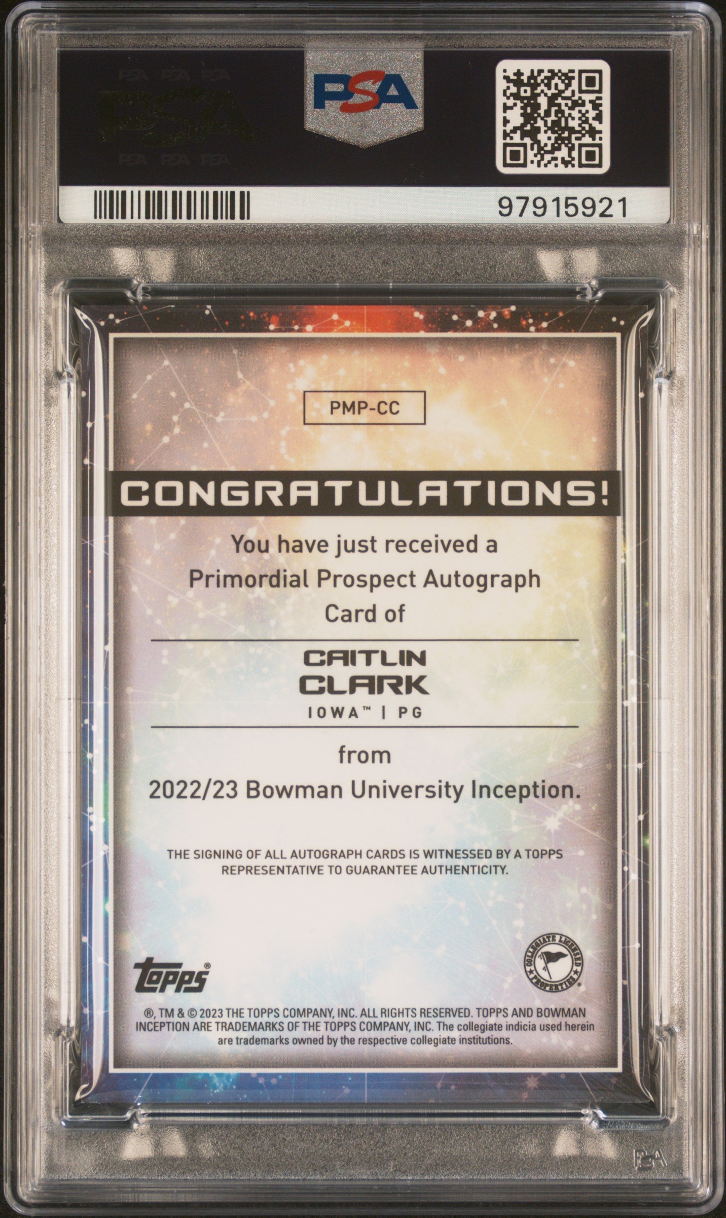 2022 Bowman University Inception Primordial Rookie Auto Caitlin Clark PSA 9