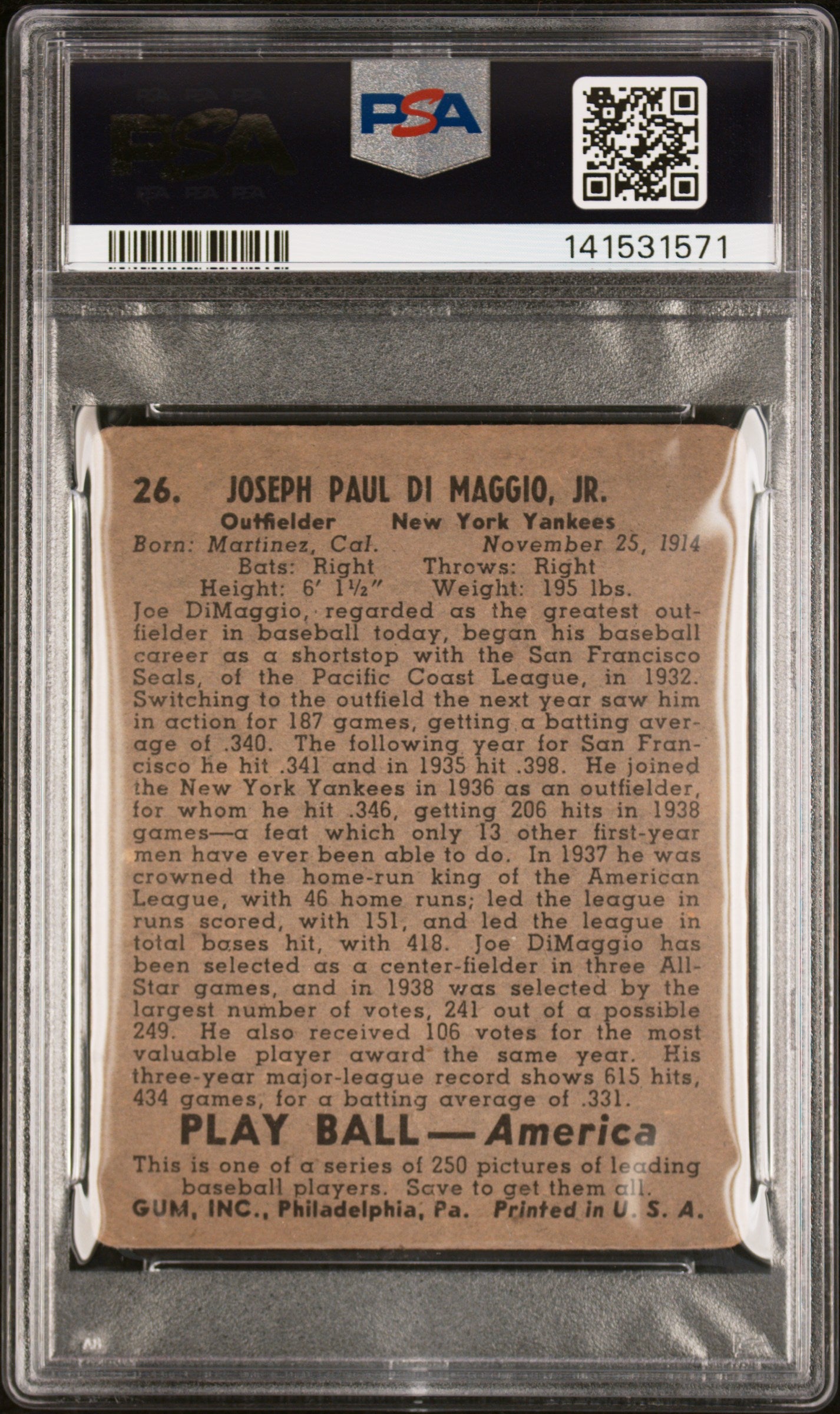 1939 Play Ball Baseball Joe Dimaggio #26 PSA 1.5 New York Yankees