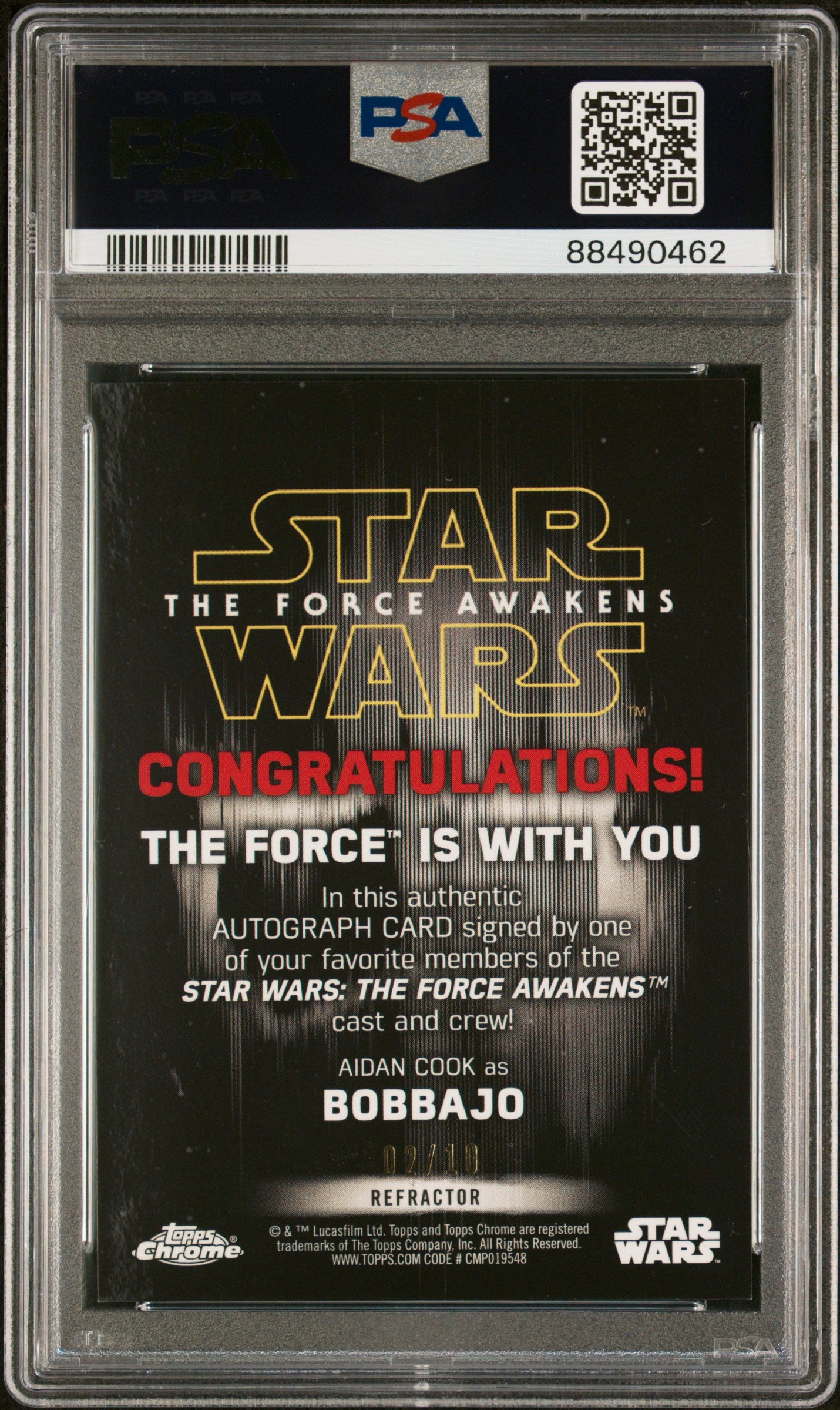 2016 Topps Star Wars TFA Chrome Autograph Aidan Cook Shimmer Ref /10 PSA 9