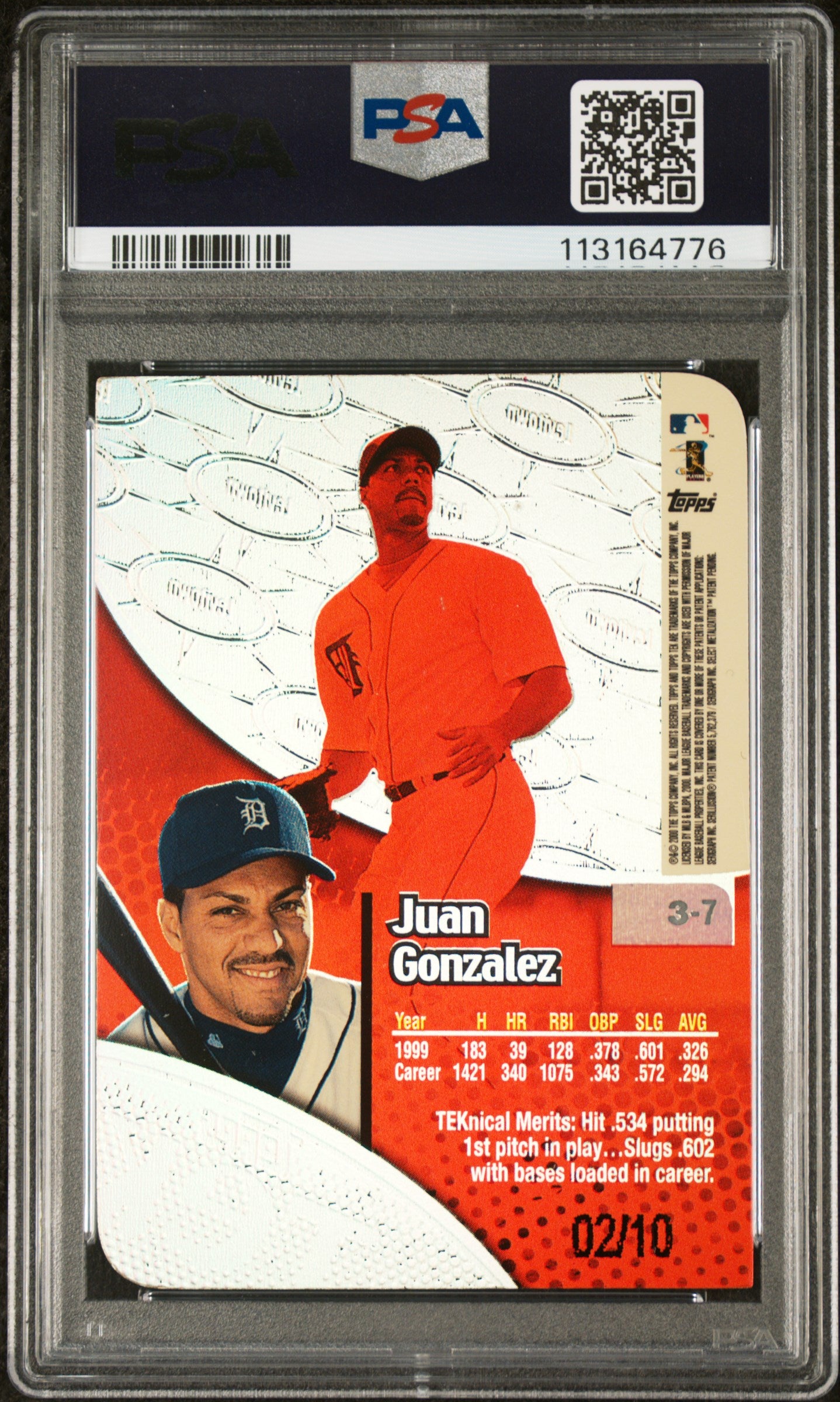 2000 Topps Tek Juan Gonzalez #3-7 Gold #/10 Hometown Pattern PSA 9