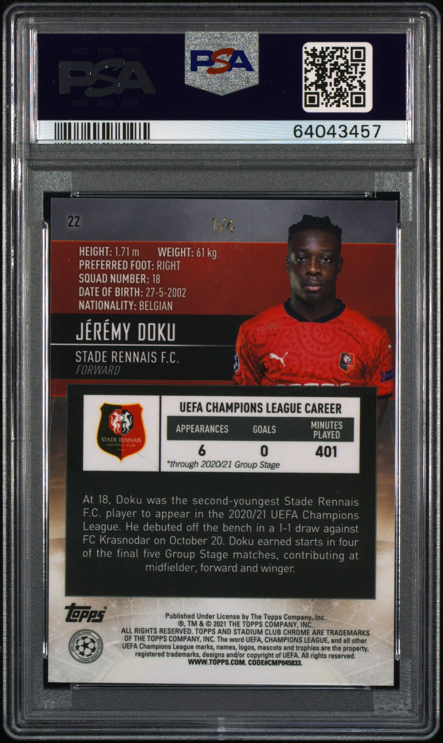 2020 Stadium Club Chrome RC Jeremy Doku Red Orange Elec Refractor #1 /4 PSA 9