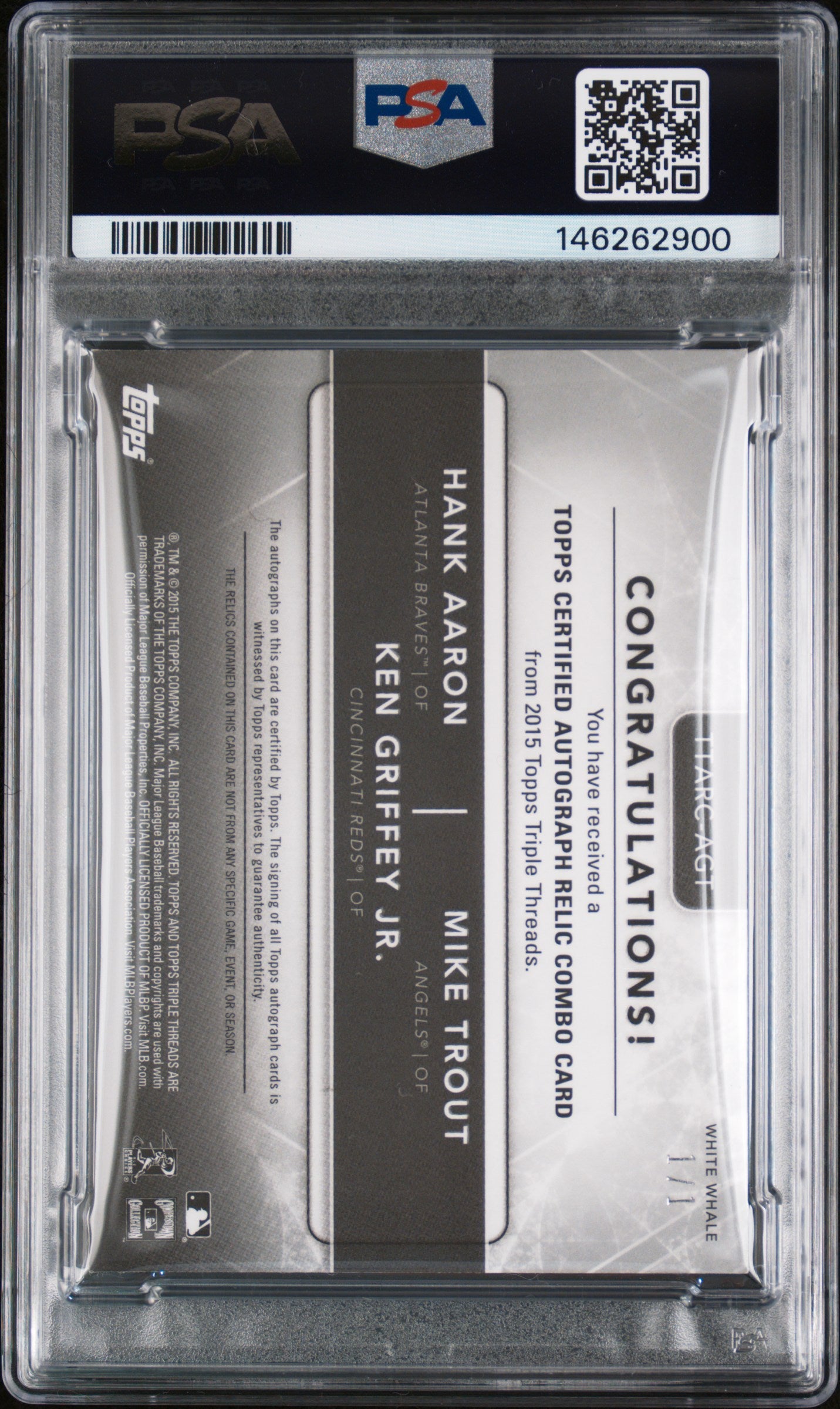Topps Triple Threads Auto Relic Hank Aaron / Trout / Griffey White Whale 1/1 PSA