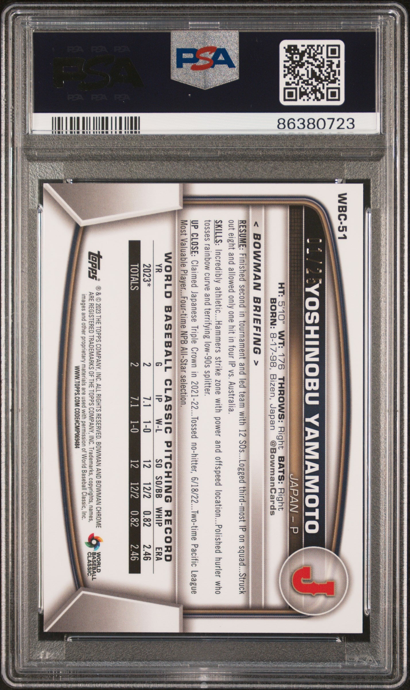 ‘23 Bowman Chrome Japan Flag Yoshinobu Yamamoto Pre Rookie WBC Orange 1/25 PSA 9