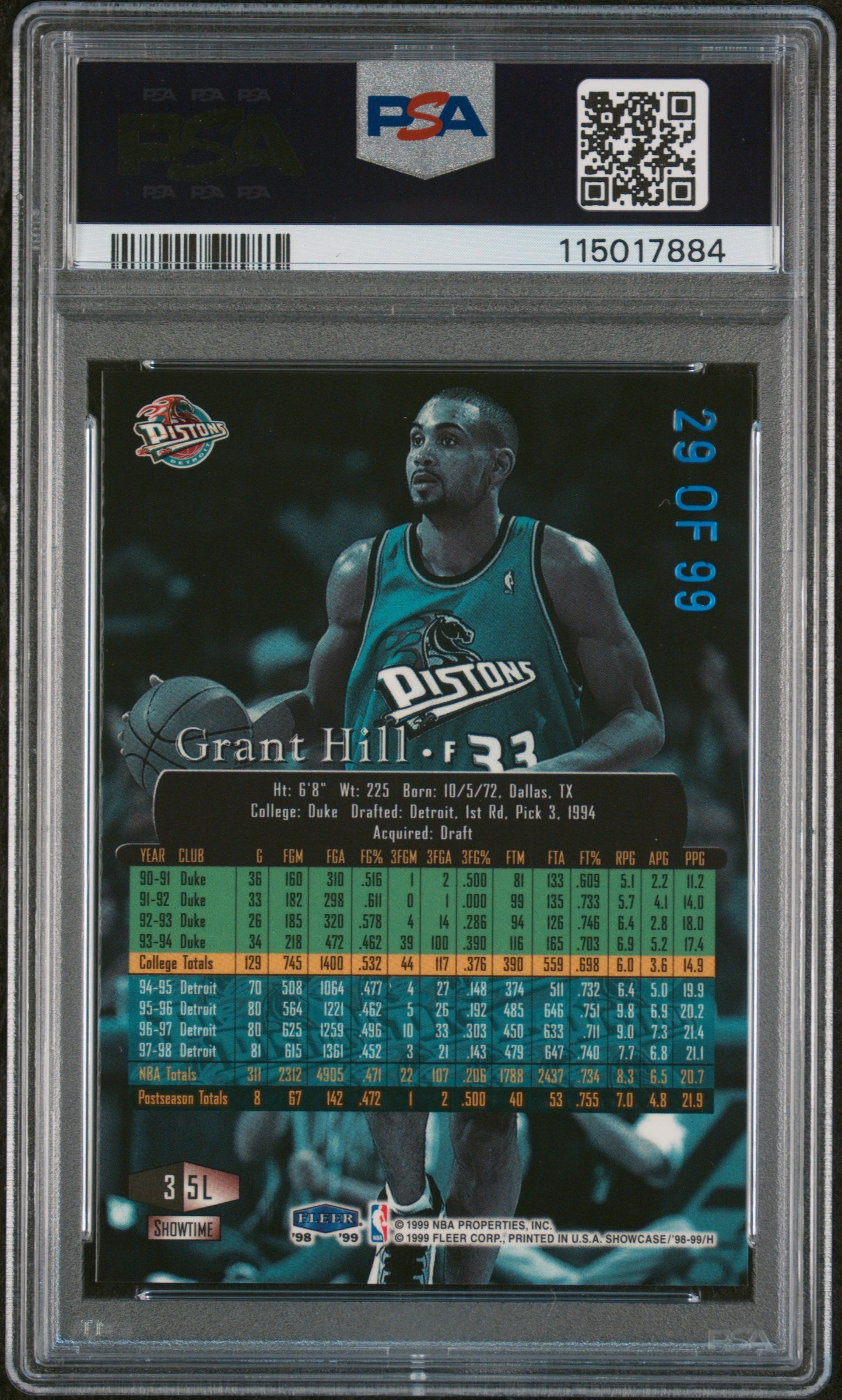 1998 Flair Showcase Legacy Collection Grant Hill #5L Row 3 #29/99 PSA 8 Rare