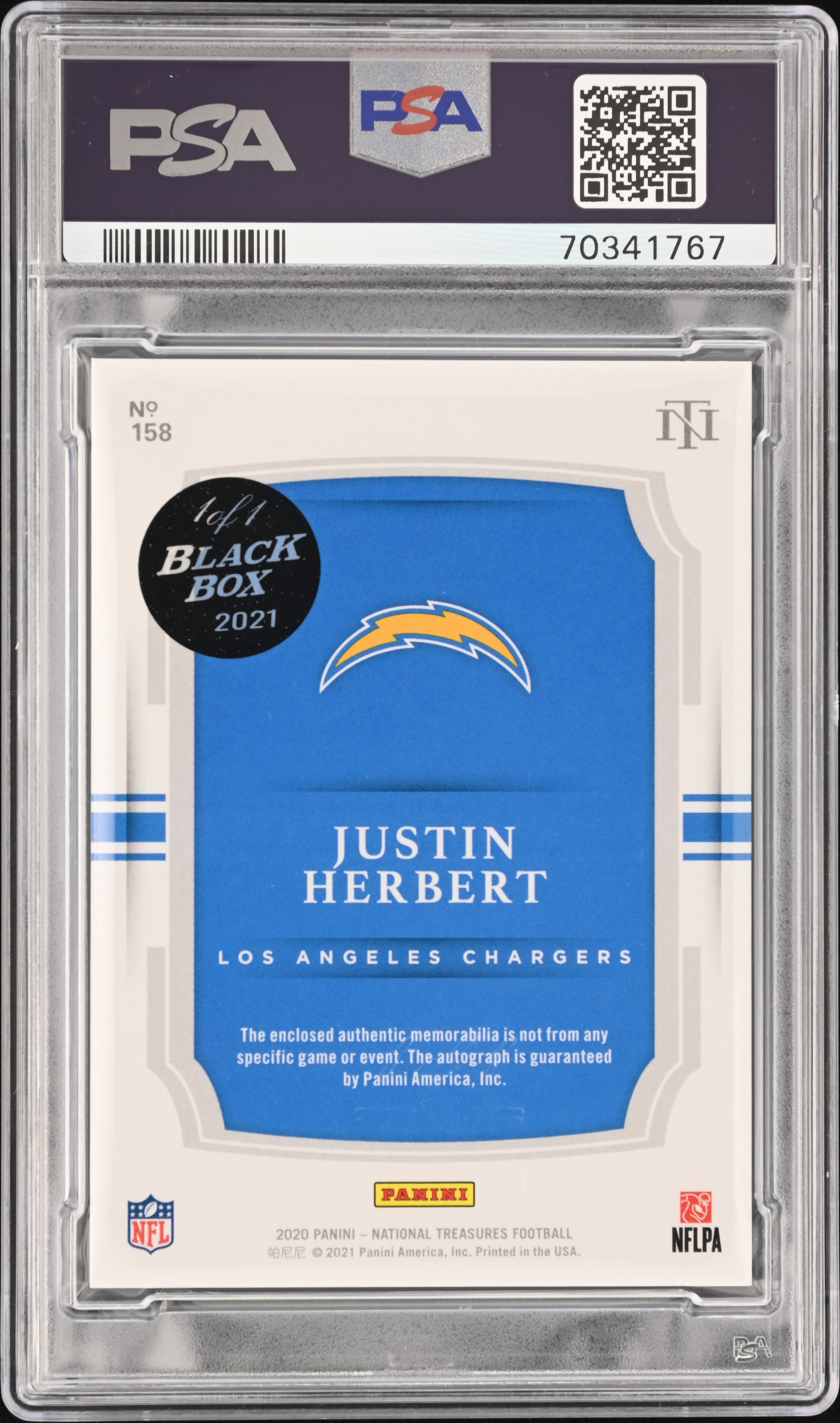 2020 National Treasures Justin Herbert #158 PSA 9 Box #1/1 Rookie Auto Patch