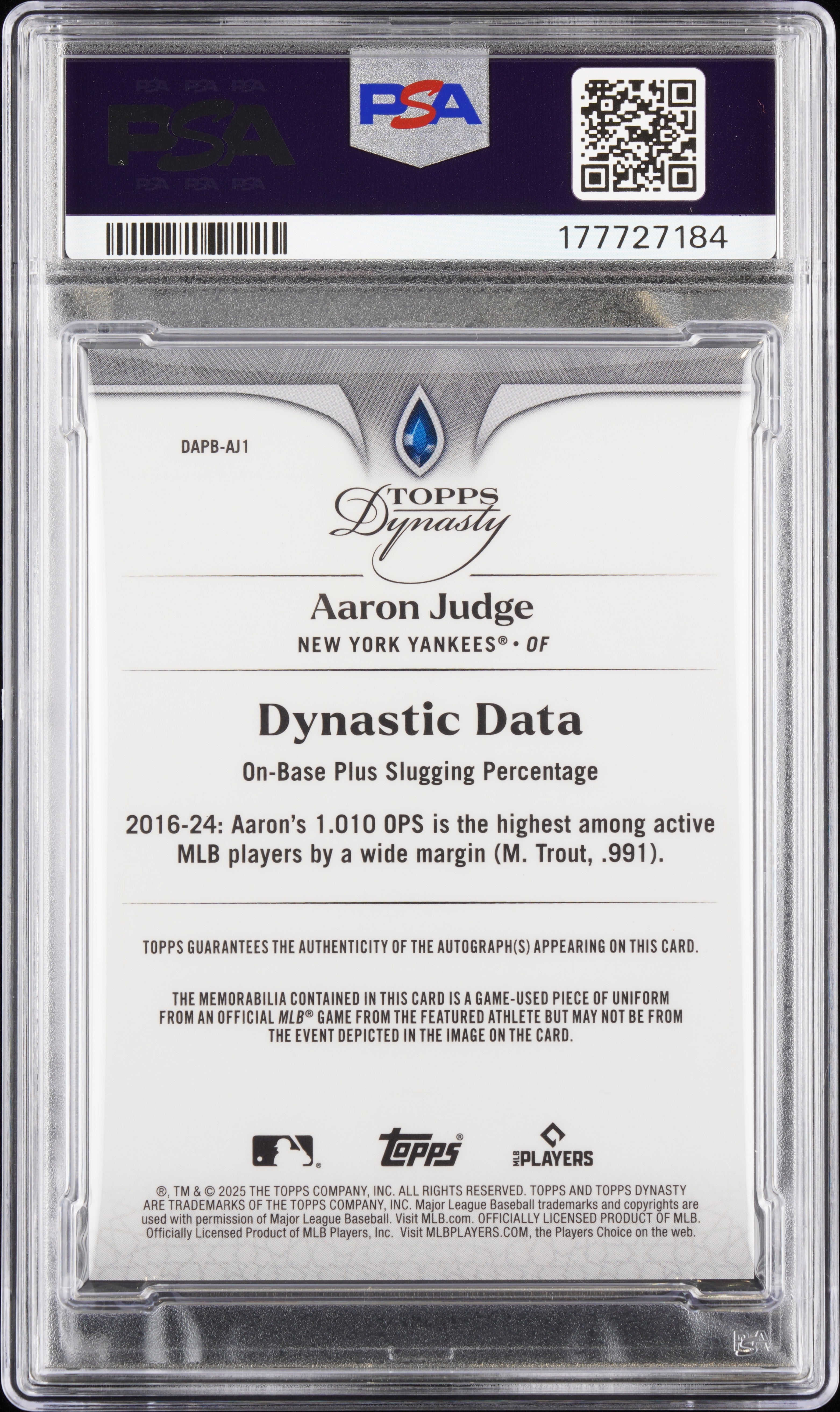 2025 Topps Dynasty Dynasty Autographed Patch Aaron Judge #/5 PSA 10 Auto 10