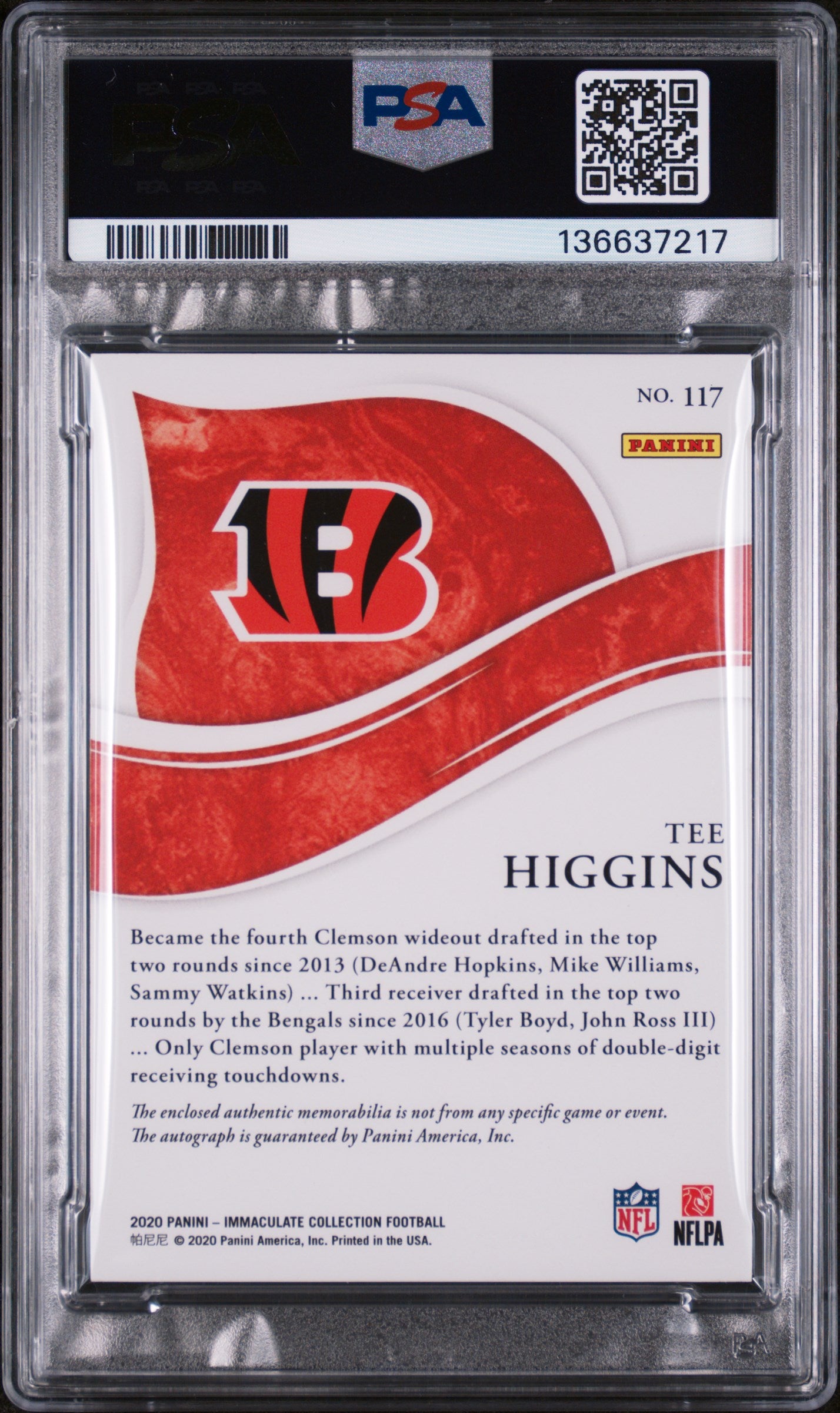 2020 Immaculate Coll Tee Higgins #117 Rookie Patch Autograph /99 Auto PSA 9