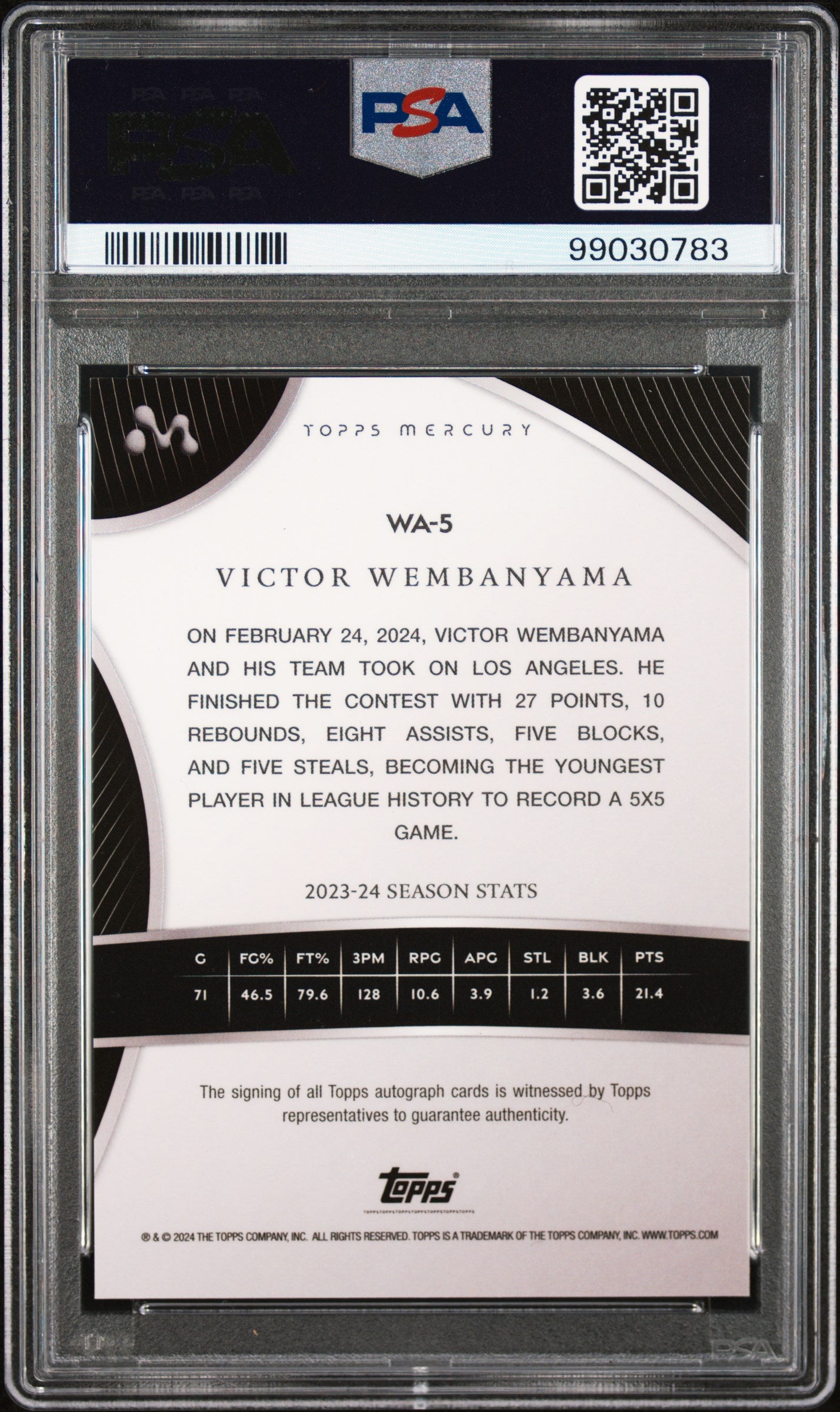 2023 Topps Mercury Victor Wembanyama Auto Rookie White Refractor 35 PSA 10 POP 3
