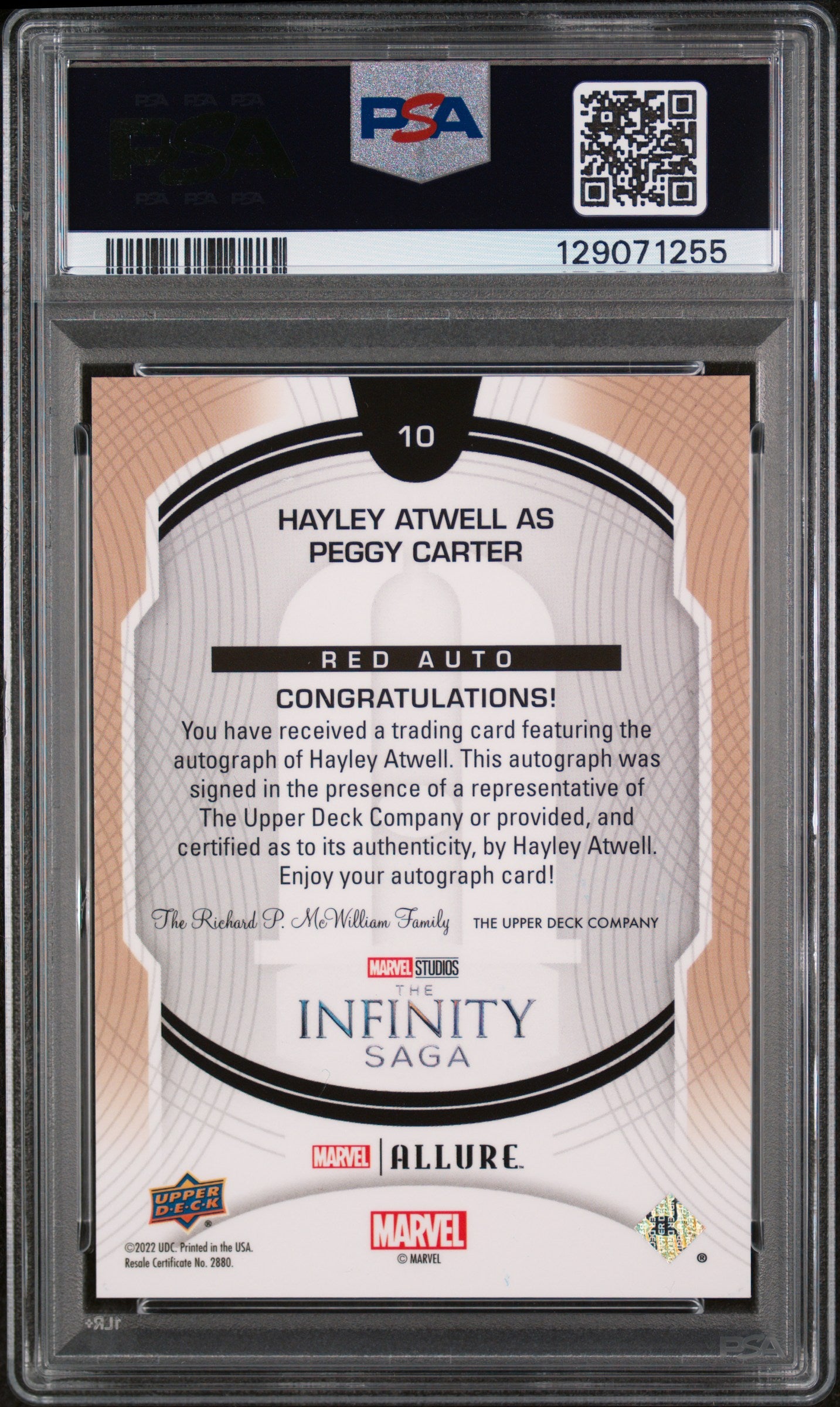 2022 Upper Deck Marvel Allure Hayley Atwell Peggy Carter #10 PSA Auto 10