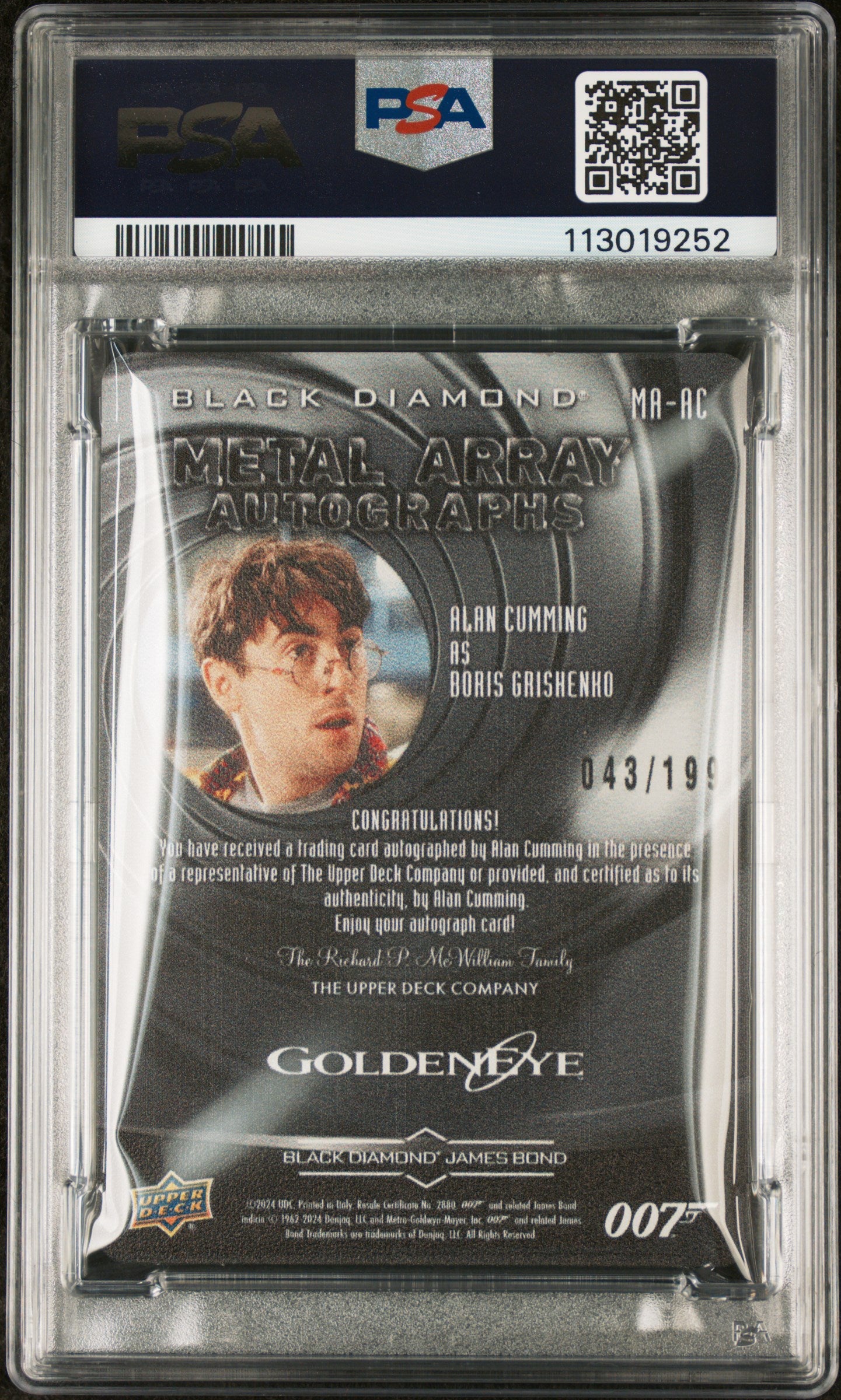 2023 Upper Deck Black Diamond James Bond Metal Autograph Alan Cumming PSA 9