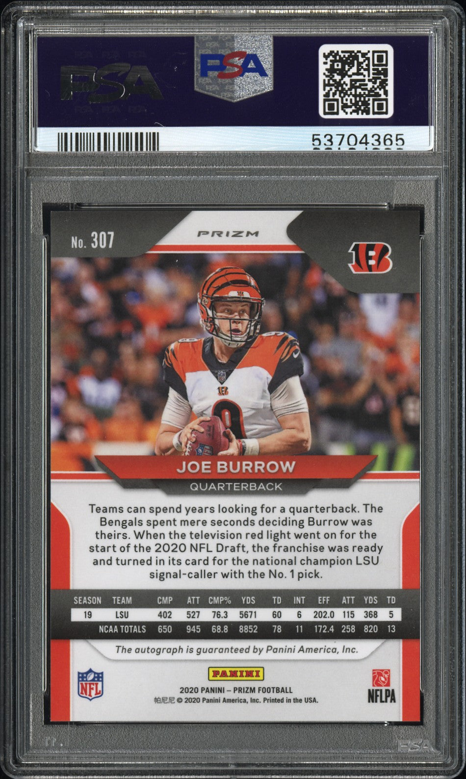 2020 Panini Prizm Joe Burrow #307 Autograph Rookie Silver Auto SP PSA 10