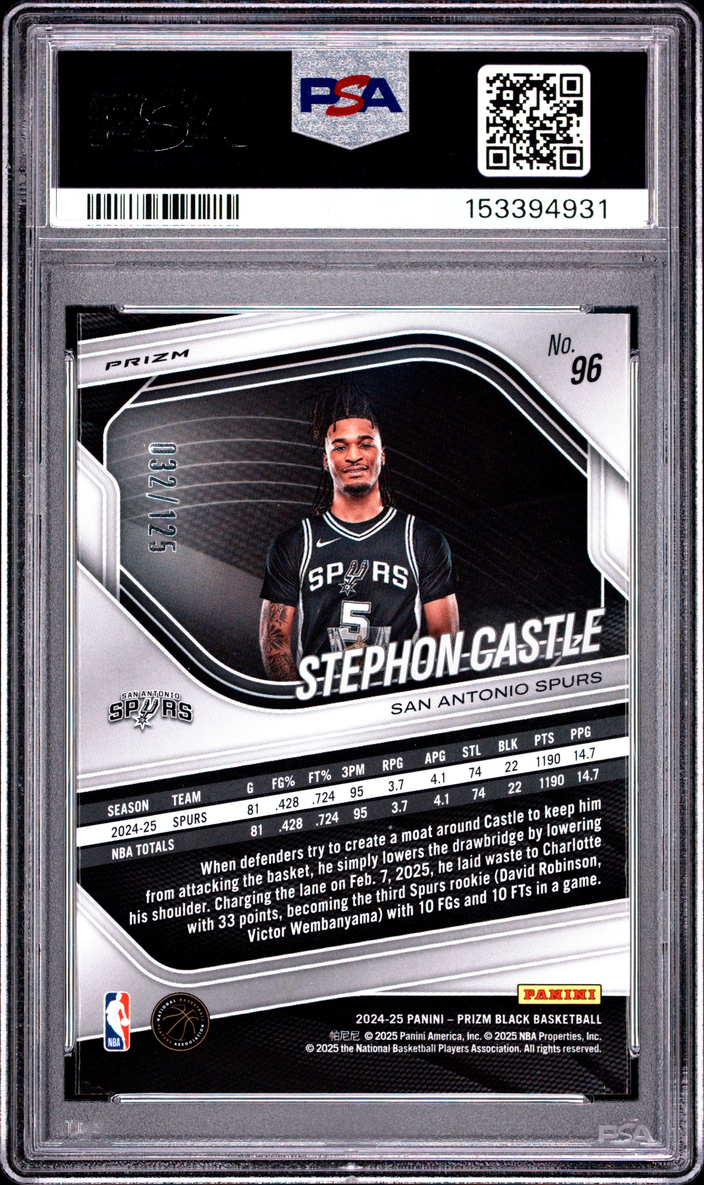 2024 Panini Prizm Black Stephon Castle #96 Blue Ice #/125 PSA 9 Mint