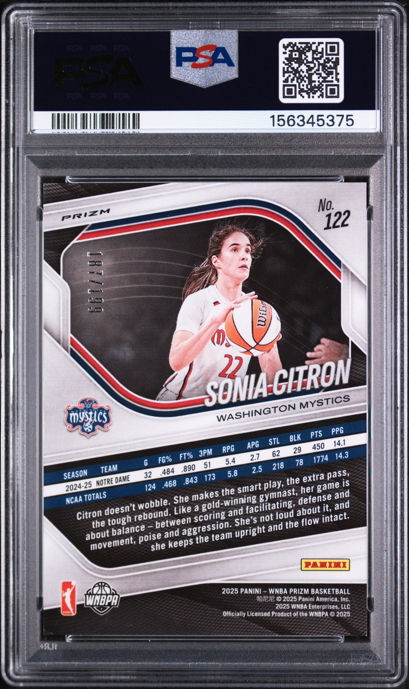 2025 Panini Prizm WNBA Sonia Citron #122 Red Pandora Rookie /199 Low Pop PSA 10