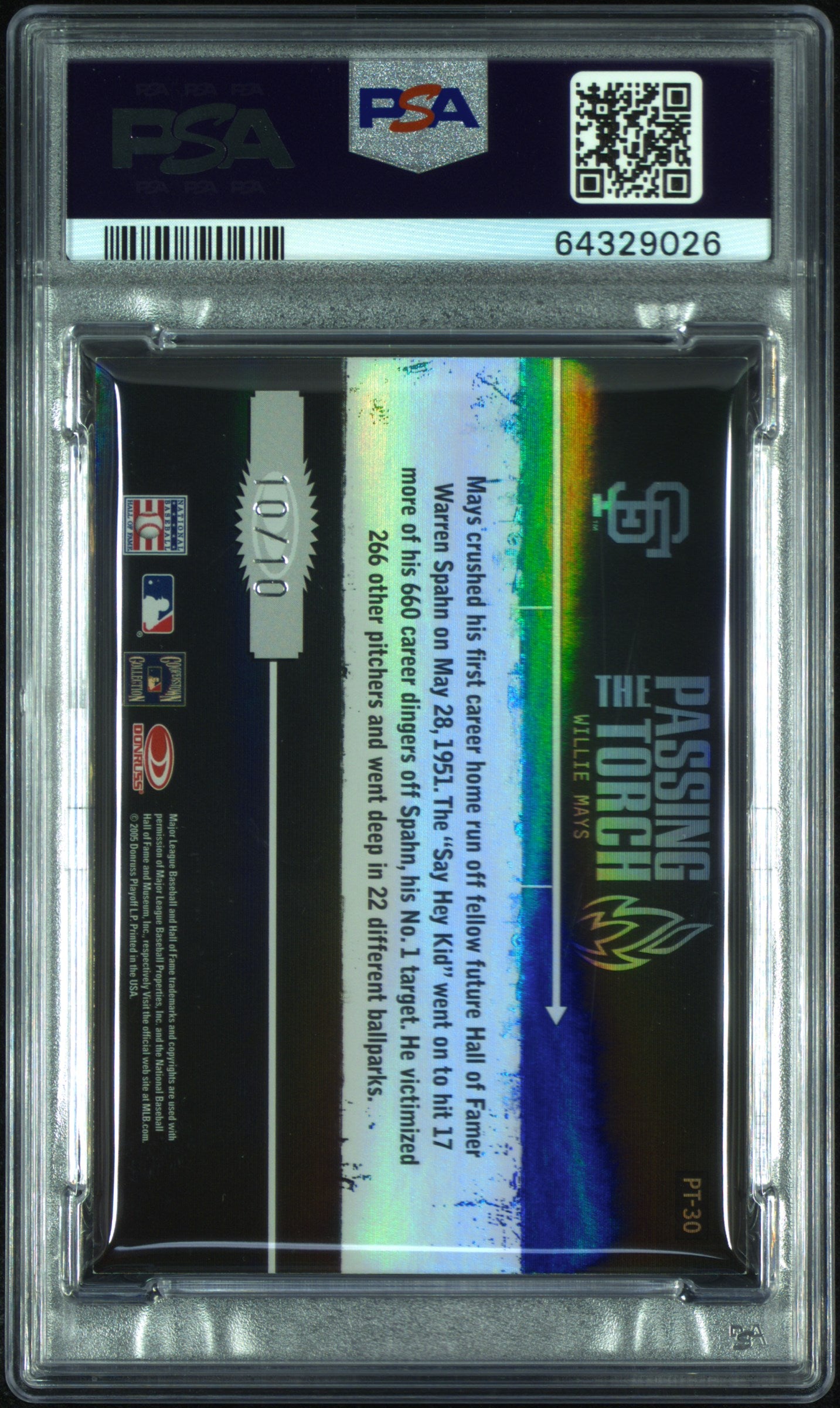 2005 Donruss Elite Passing The Torch Willie Mays Blk Autograph /10 PSA 7 Auto 10