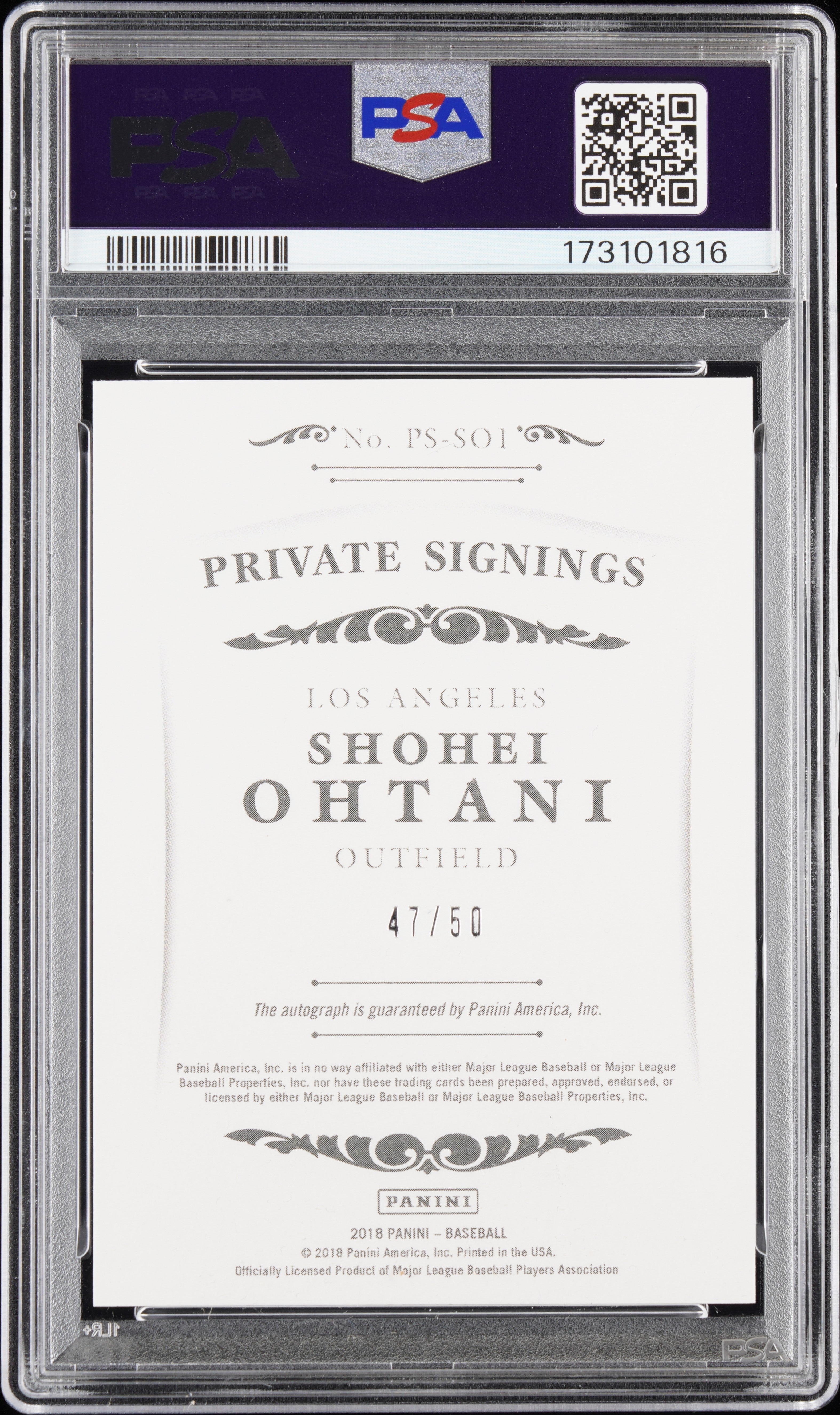 2018 Donruss Private Signings Shohei Ohtani Rookie Rare Hitting Auto /50 PSA 7