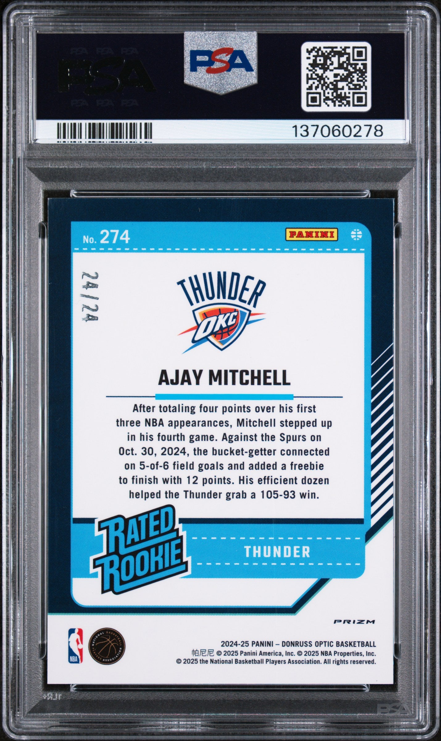 2024 Donruss Optic Rated Rookie Ajay Mitchell Blue Choice Prizm #24/24 PSA 9
