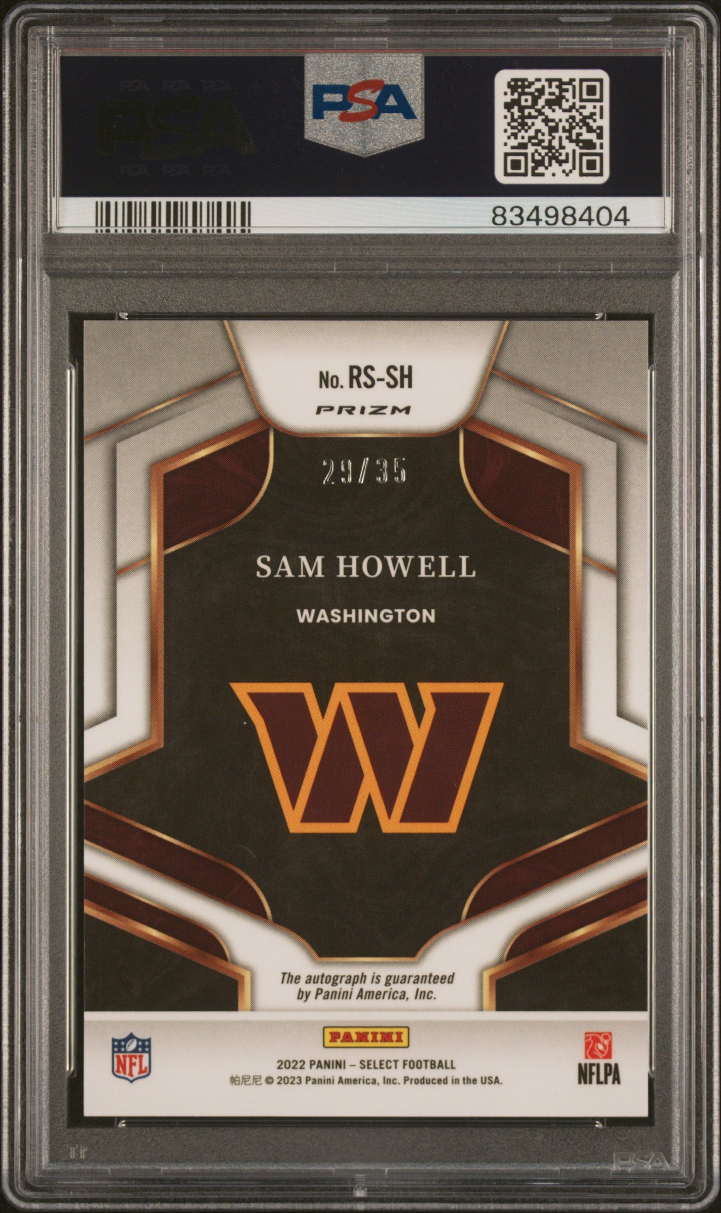 2022 Panini Select Rookie Signatures Sam Howell White Prizm Auto /35 PSA 10