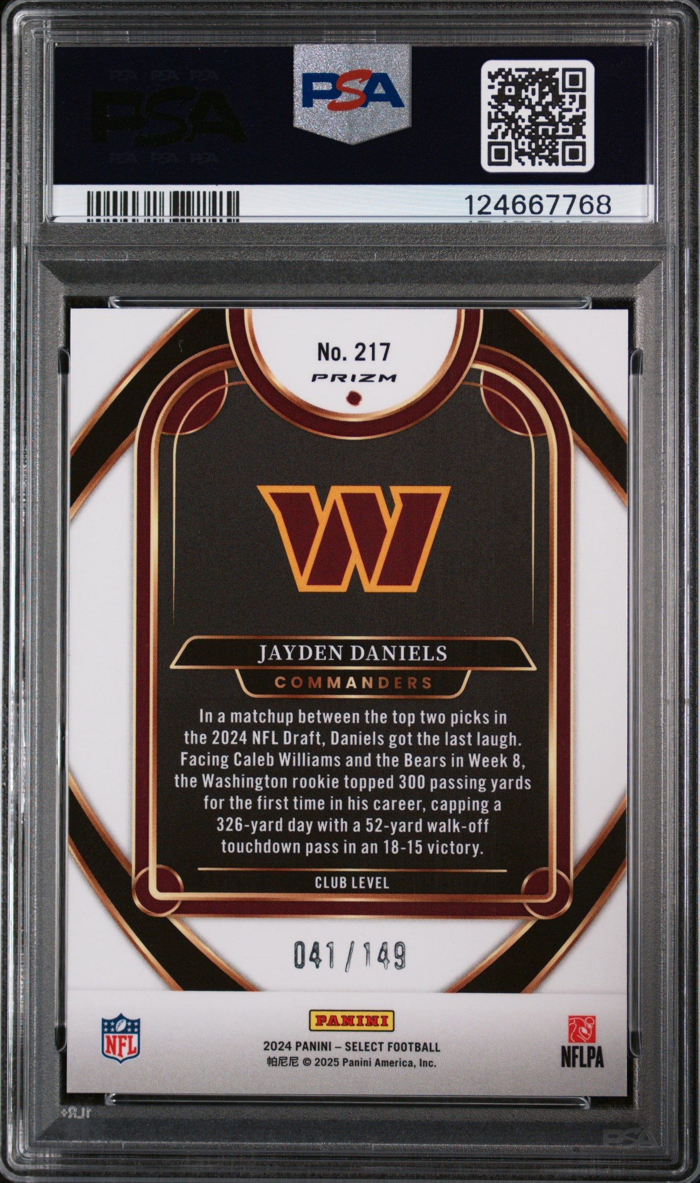 2024 Panini Select Jayden Daniels #217 Tri Color Prizm Rookie /149 PSA 10