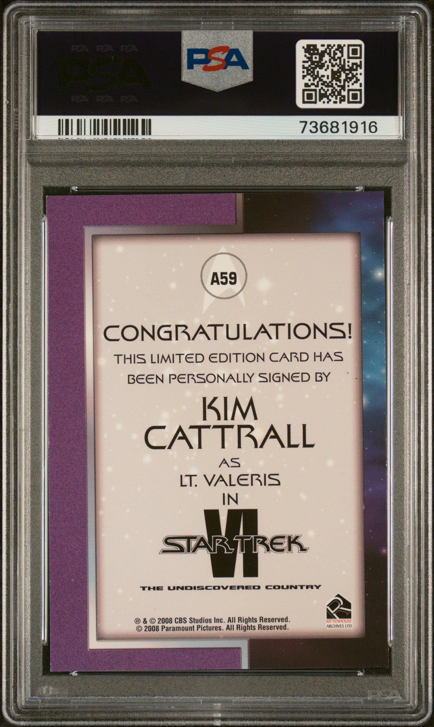 2010 Star Trek Quotable Autograph Kim Cattrall Lt Valeris Signature PSA 10