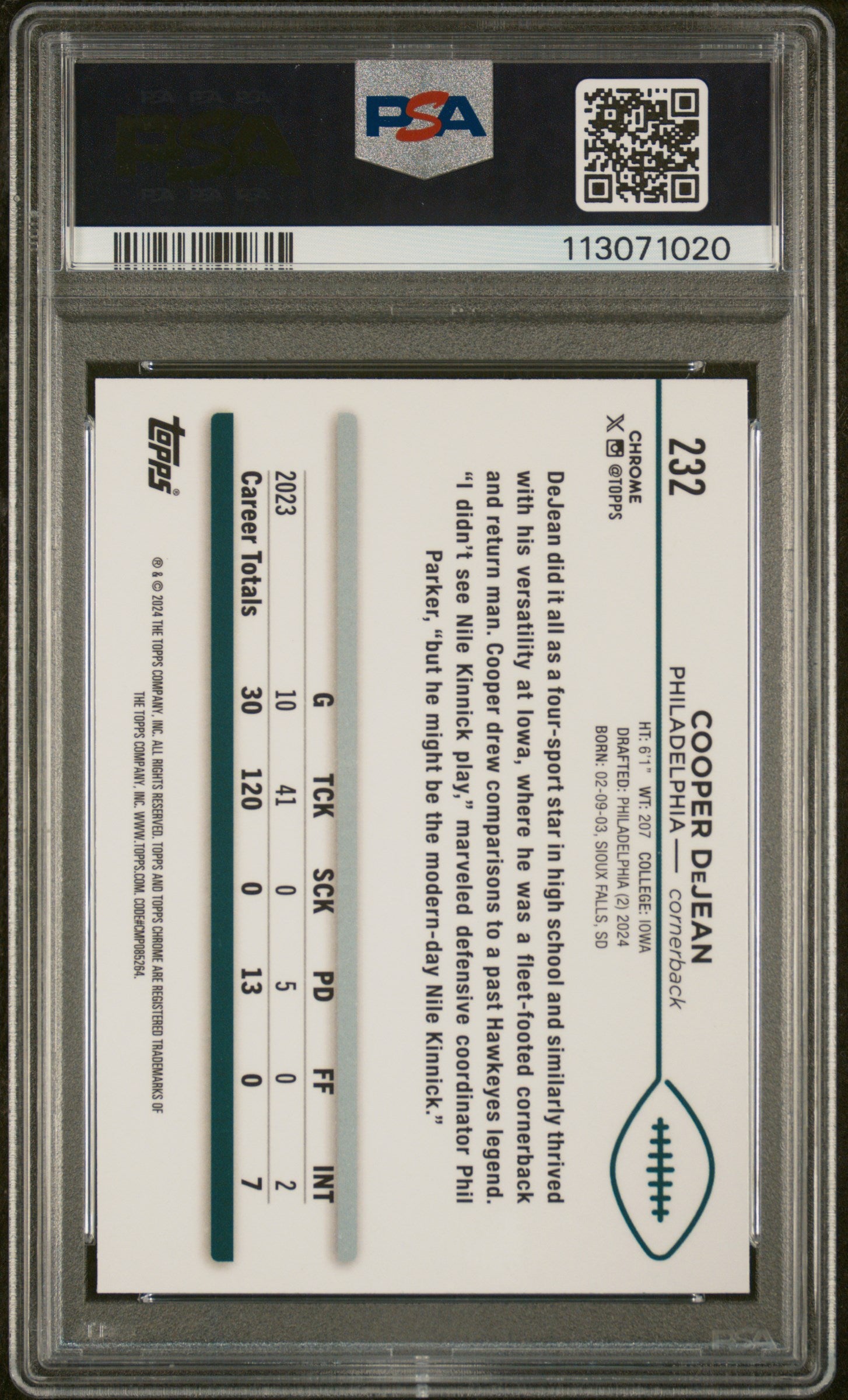 2024 Topps Chrome Cooper Dejean #232 Aqua Refractor 69/199 ROOKIE PSA 10 POP 1