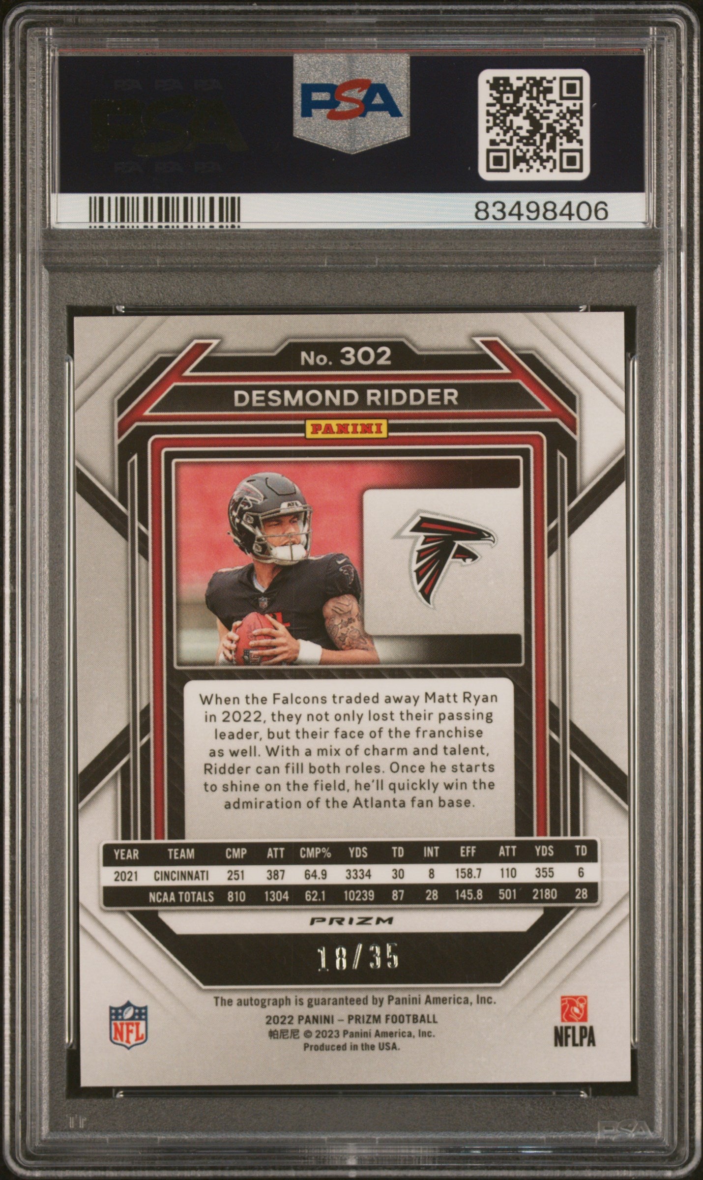 2022 Panini Prizm Desmond Ridder #302 PSA 10 Rookie Red Shimmer #/35 Auto