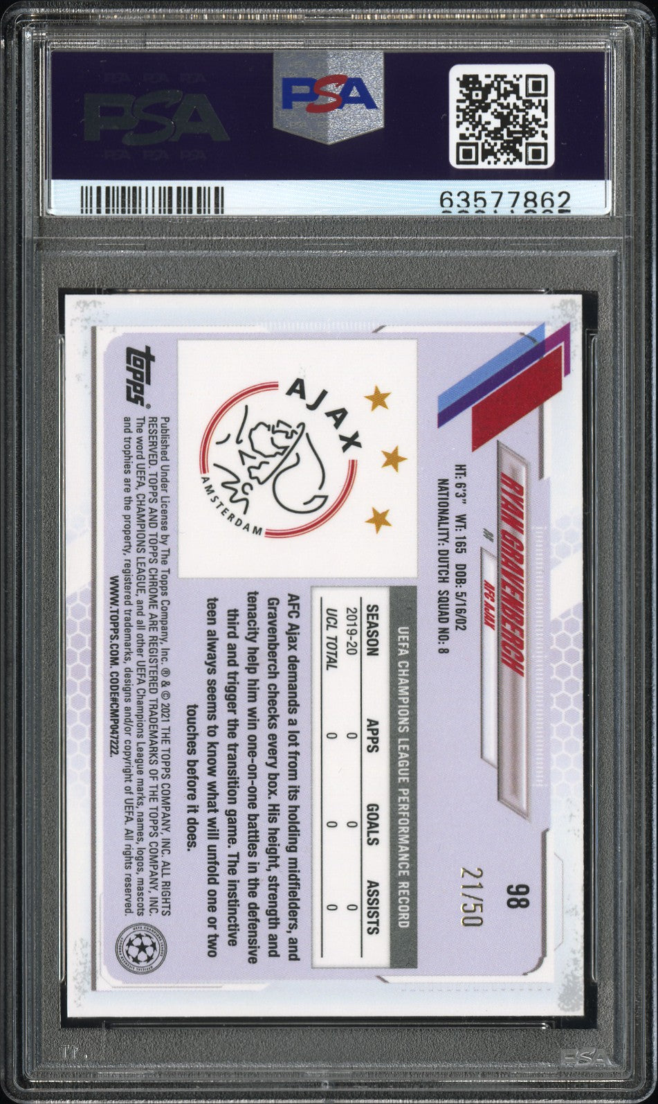 2020 Topps Chrome UEFA Sapphire Rookie Ryan Gravenberch #98 SP Orange /50 PSA 9
