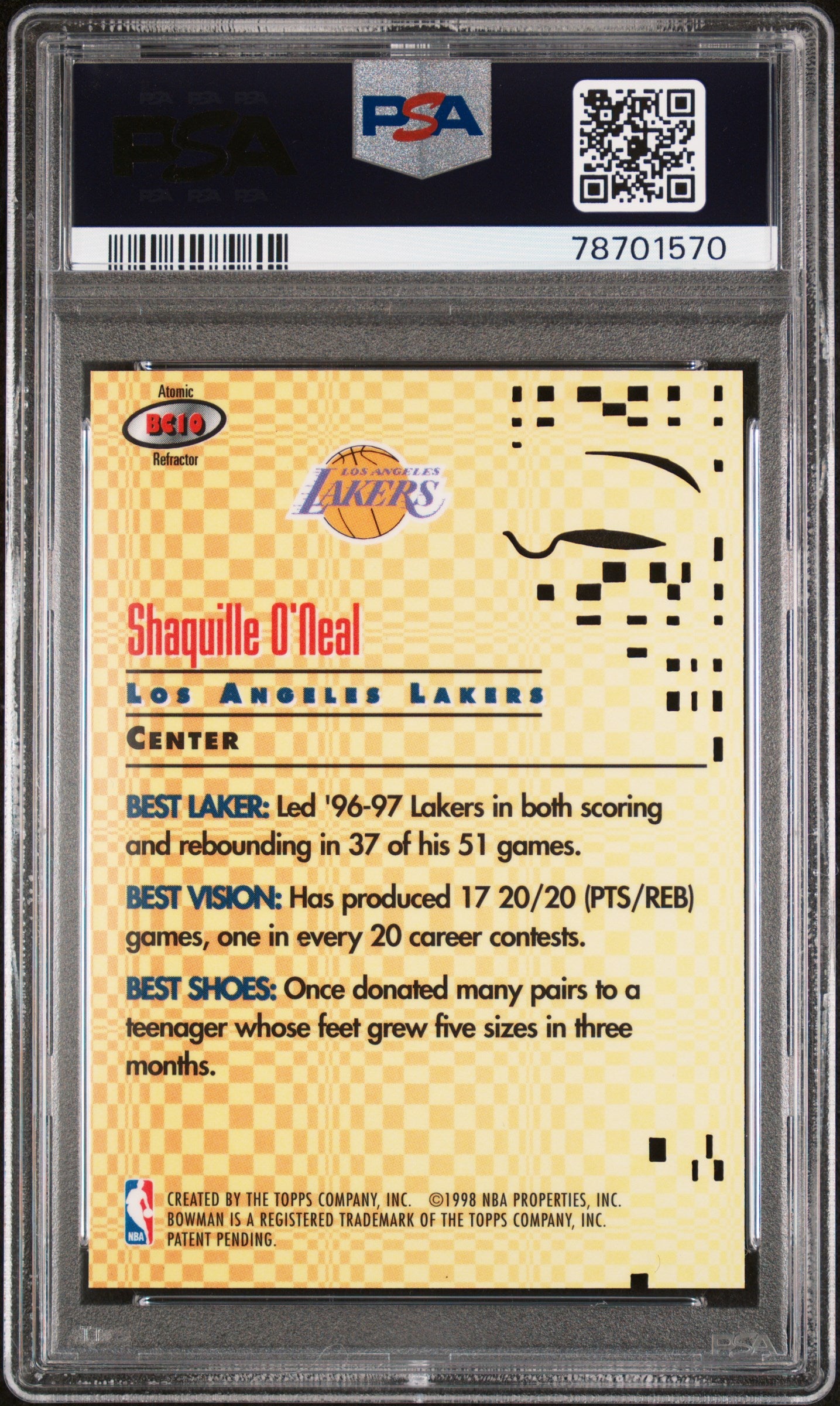 1997 Bowman's Best Cuts Shaquille O'Neal Die Cut Atomic Refractor SP PSA 10 Gem