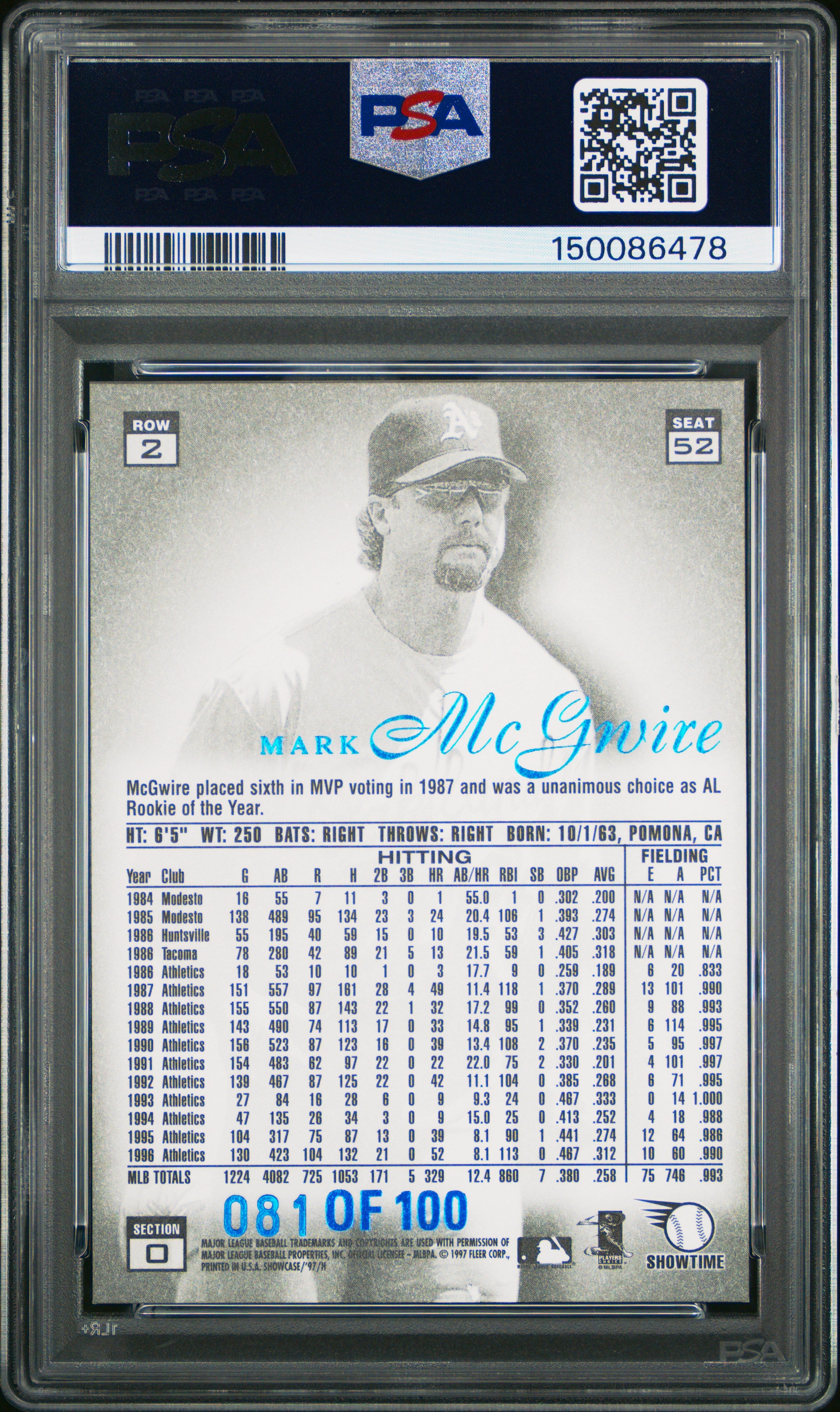 1997 Flair Showcase Legacy Collection Mark Mcgwire #52 Row 2 #81/100 PSA 9