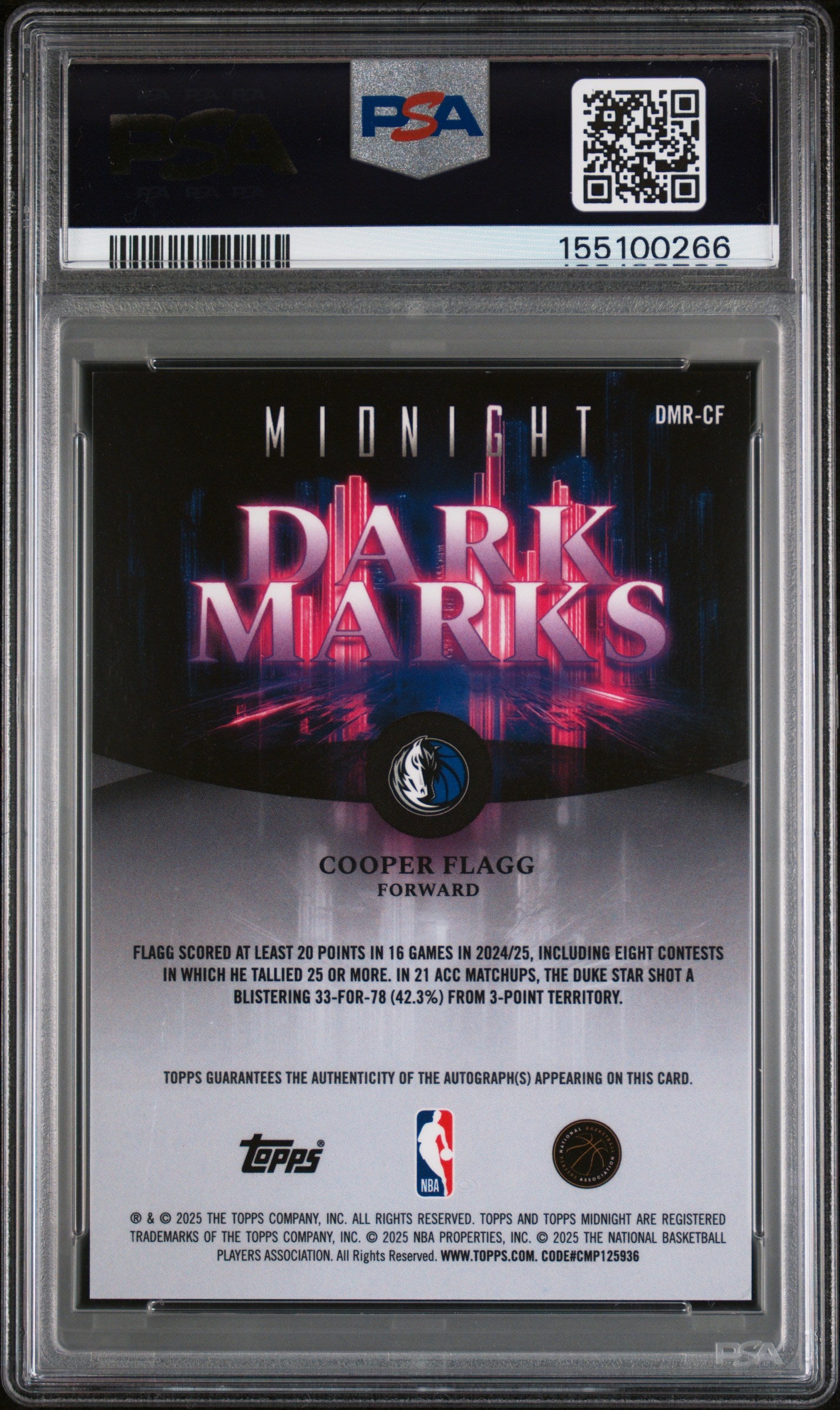 2025 Topps Midnight Dark Marks Rookie Cooper Flagg Equinox /20 PSA 9 Auto 10
