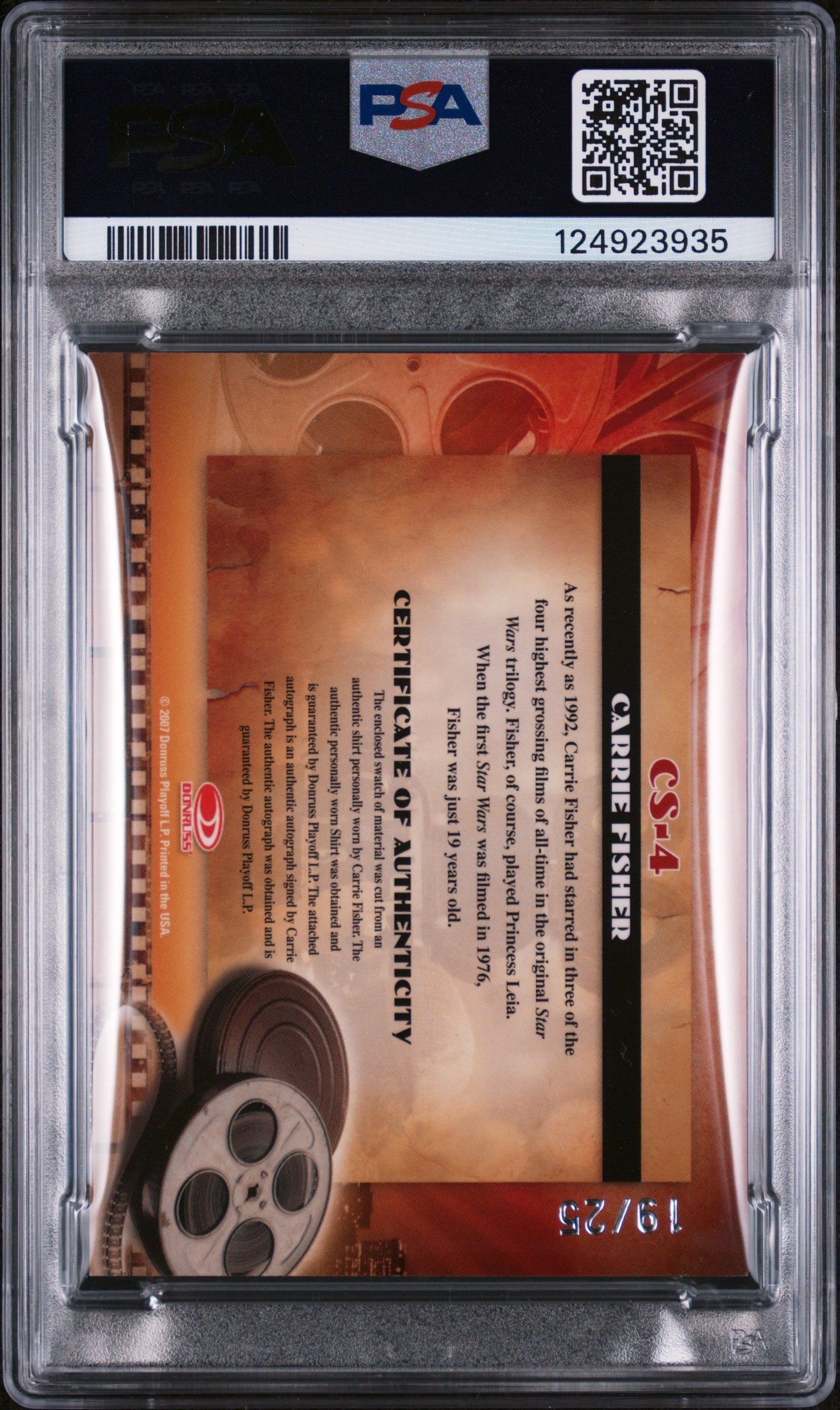 2007 Donruss Americana Cinema Stars Carrie Fisher Relic /25 PSA Auto