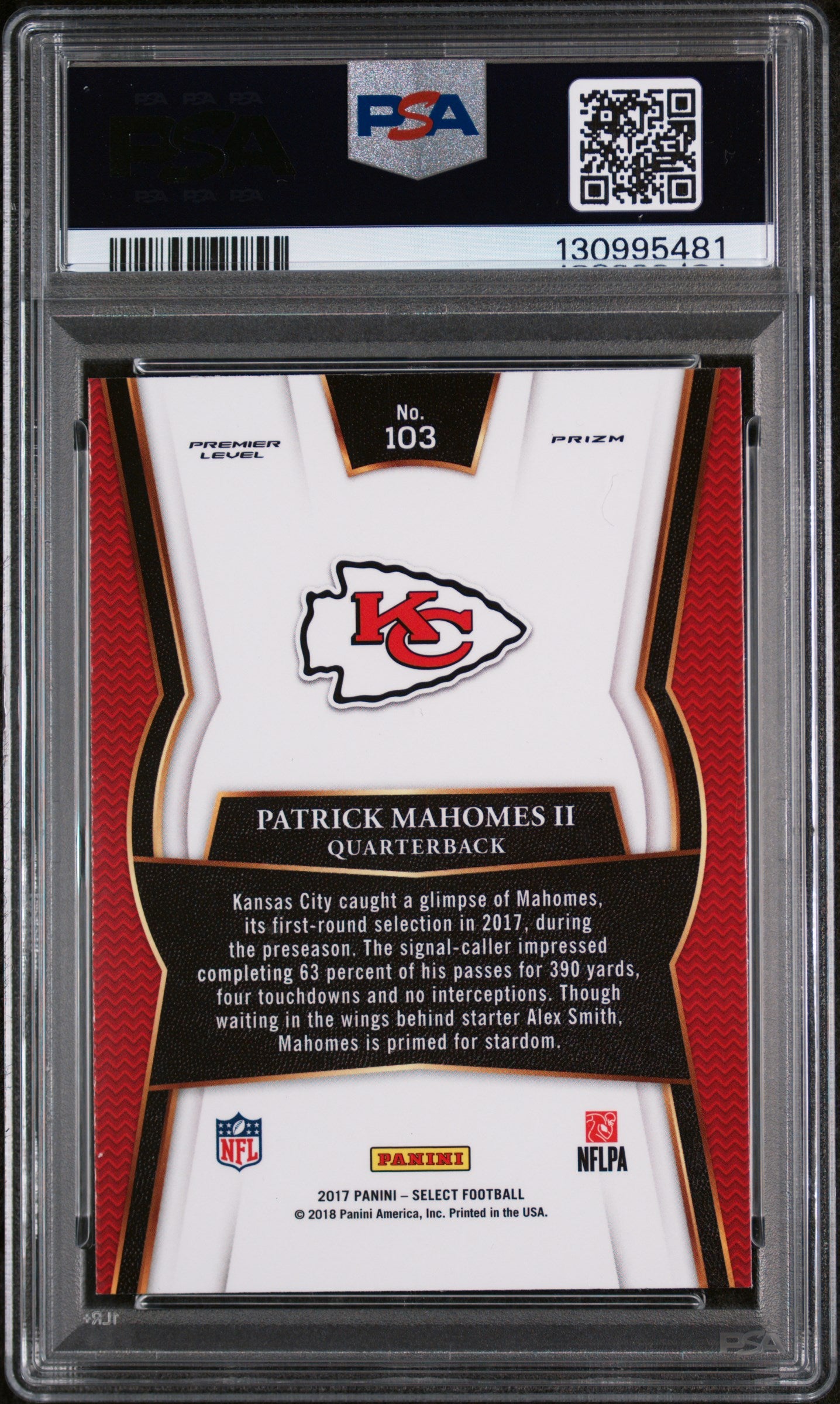 2017 Panini Select Patrick Mahomes II #103 Rookie RC PSA 10 Gem Mint Chiefs
