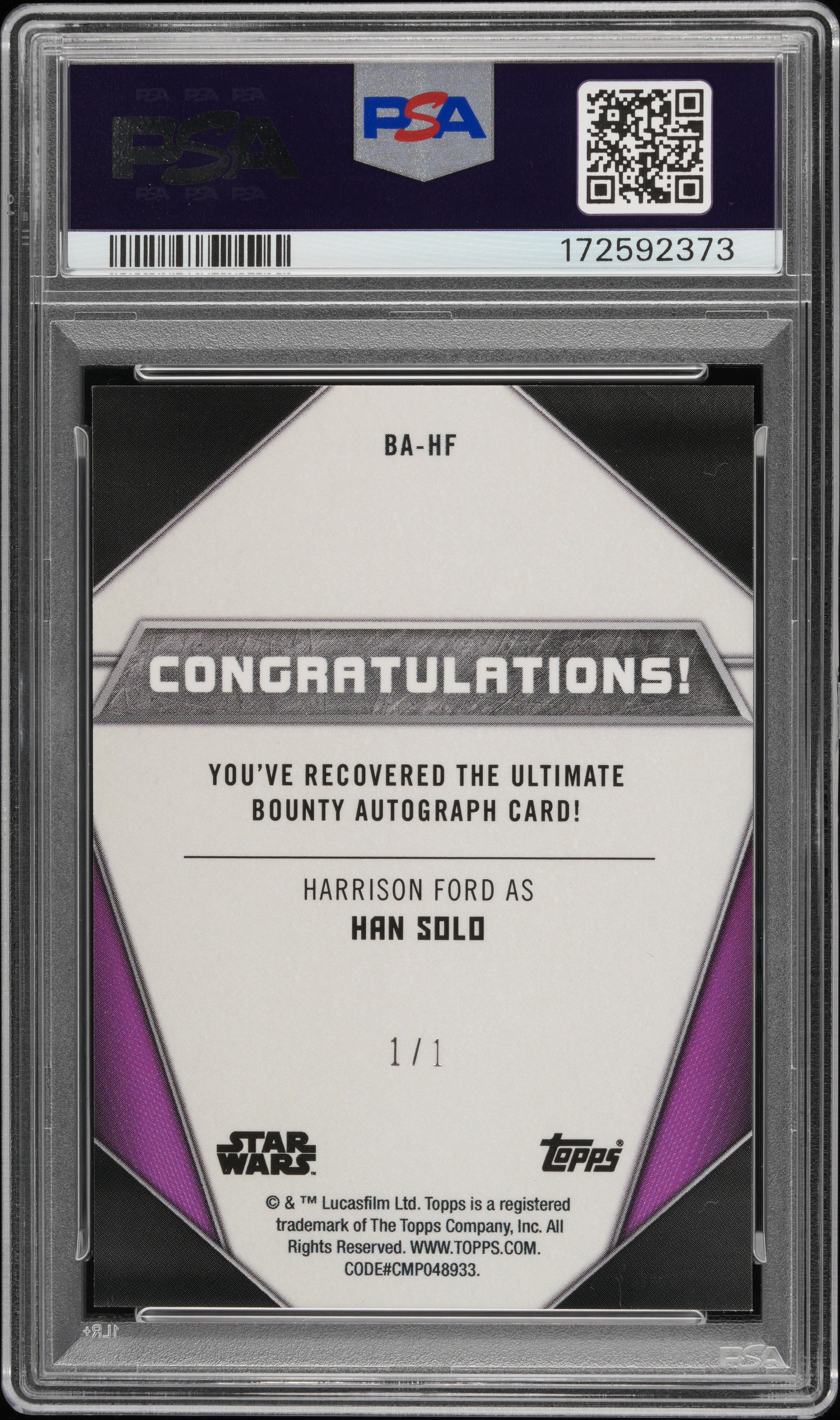 2021 Topps Star Wars Bounty Hunters Ultimate Autograph 1/1 Harrison Ford PSA 10