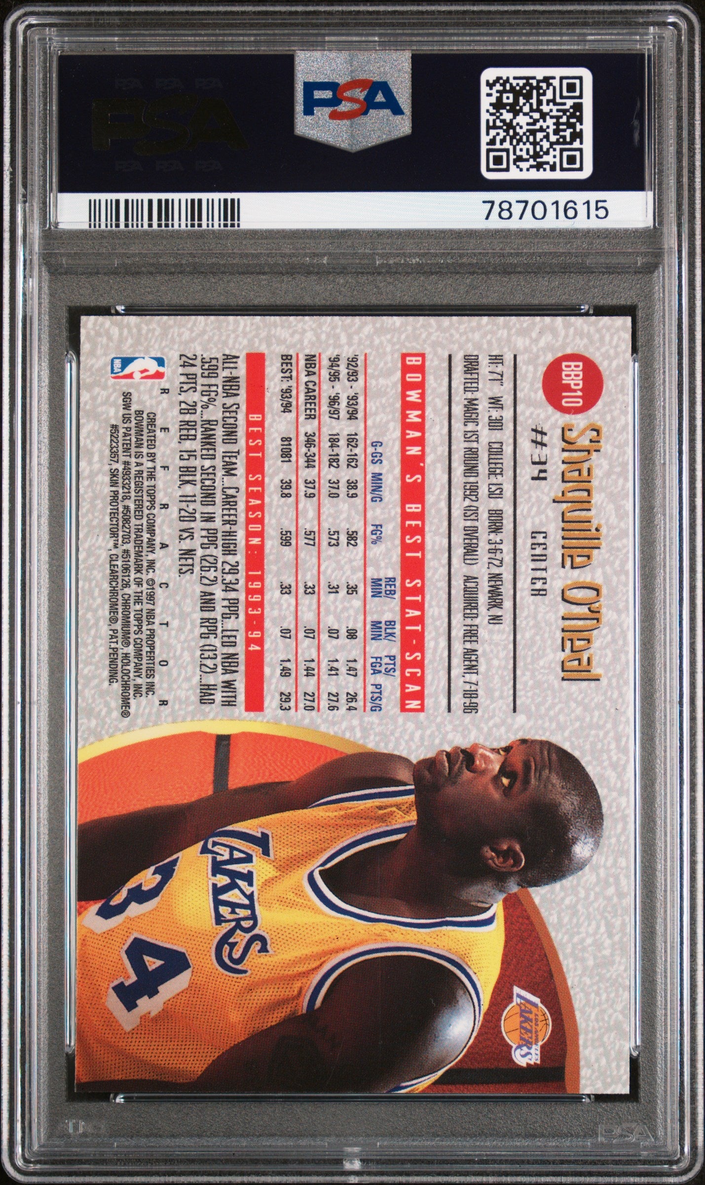 1997 Bowman's Best Preview Shaquille O'Neal #BBP10 SP Refractor PSA 9 Lakers