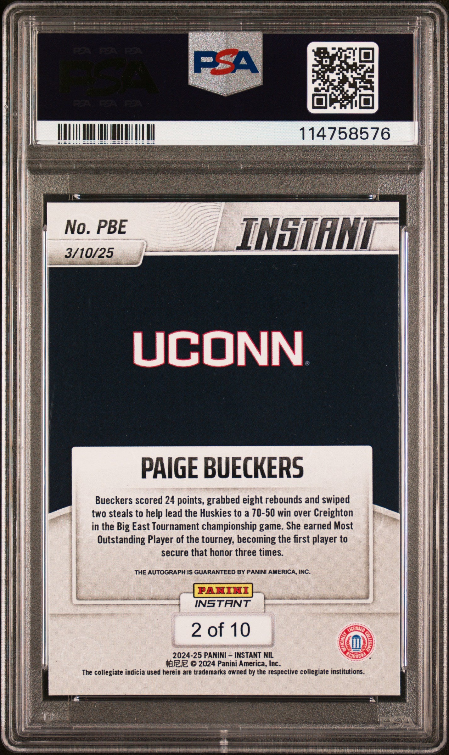 2024 Panini Instant Nil Paige Bueckers #/10 Autograph RC Jaguar PSA 10 Auto 10