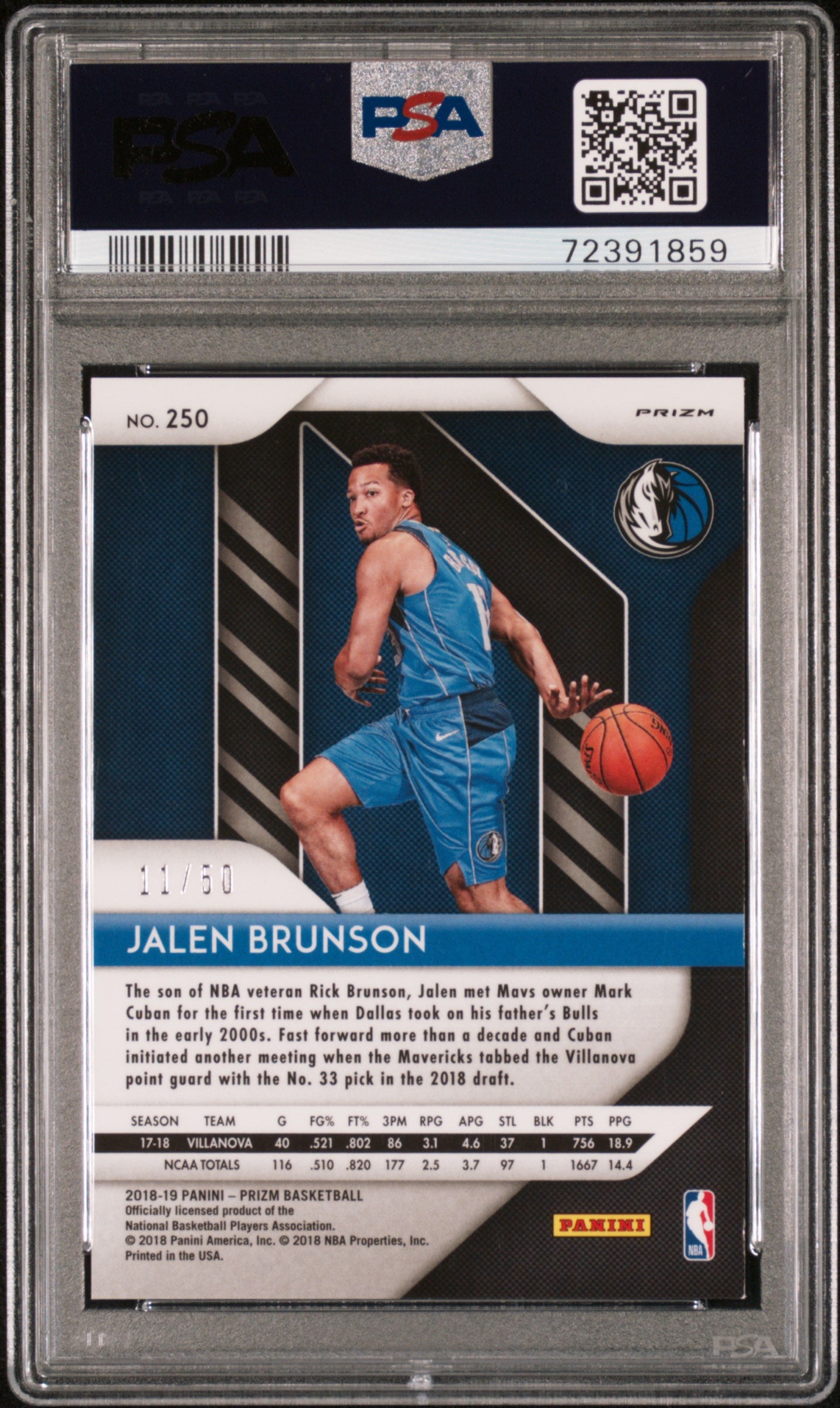 2018 Prizm Jalen Brunson #250 Fast Break Pink Rookie #11 /50 Jersey Number PSA 9