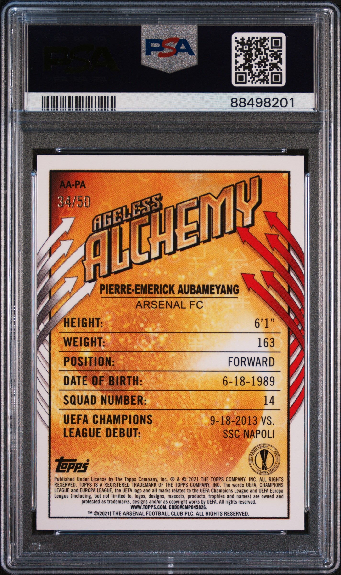 2020 Topps Merlin Chrome UEFA CL Ageless Alchemy Emerick Aubameyang Gold PSA 9