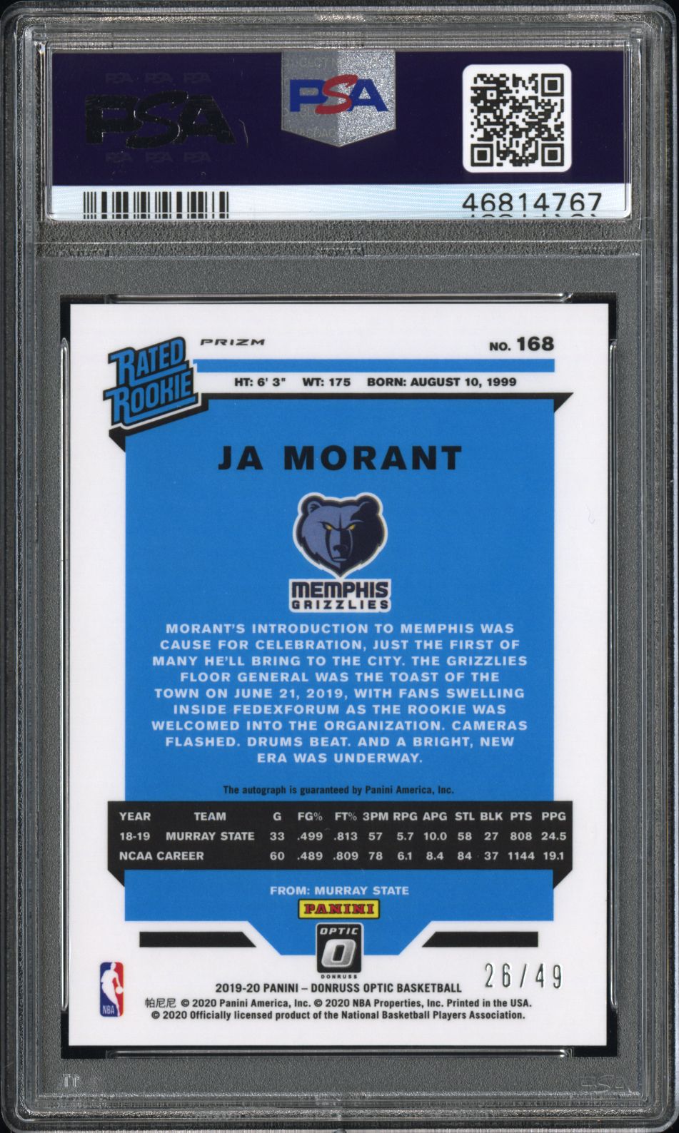 JA MORANT 2019-20 OPTIC #168 BLUE PRIZM RATED ROOKIE RC AUTO /49 PSA 10 GEM MINT