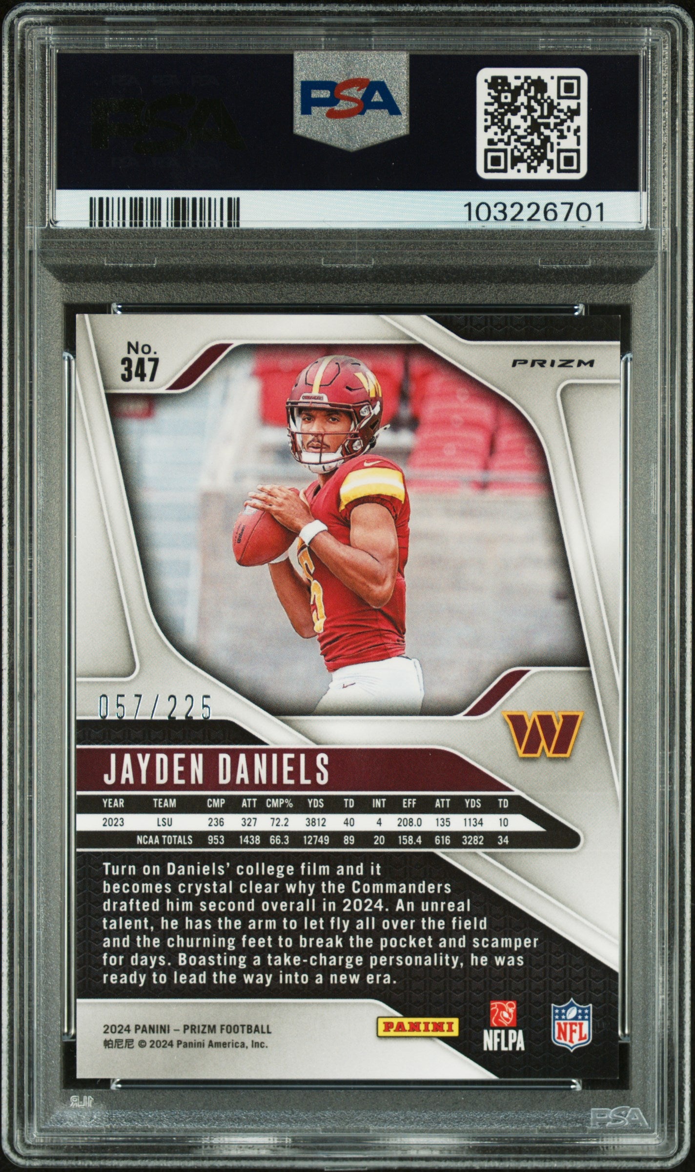 2024 Panini Prizm Jayden Daniels #347 Purple Ice #57/225 Rookie RC PSA 10 Gem Mt