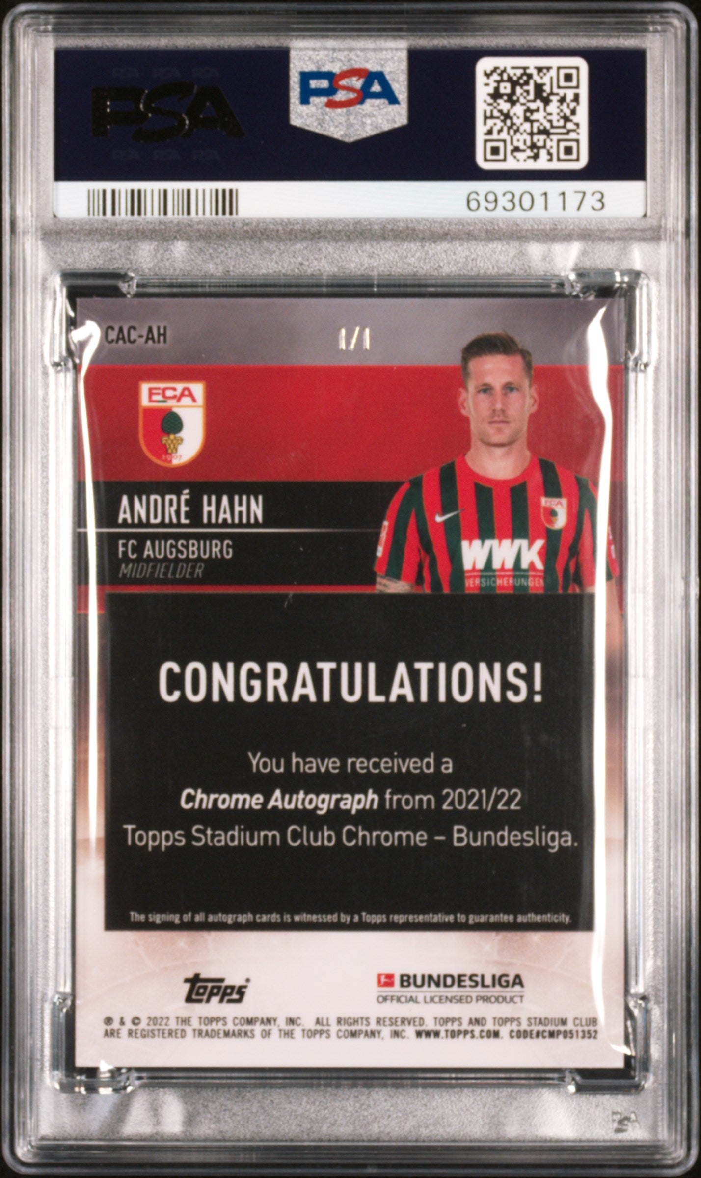 2021 Stadium Club Chrome Bundesliga Andre Hahn Superfractor 1/1 PSA 9 Auto 10