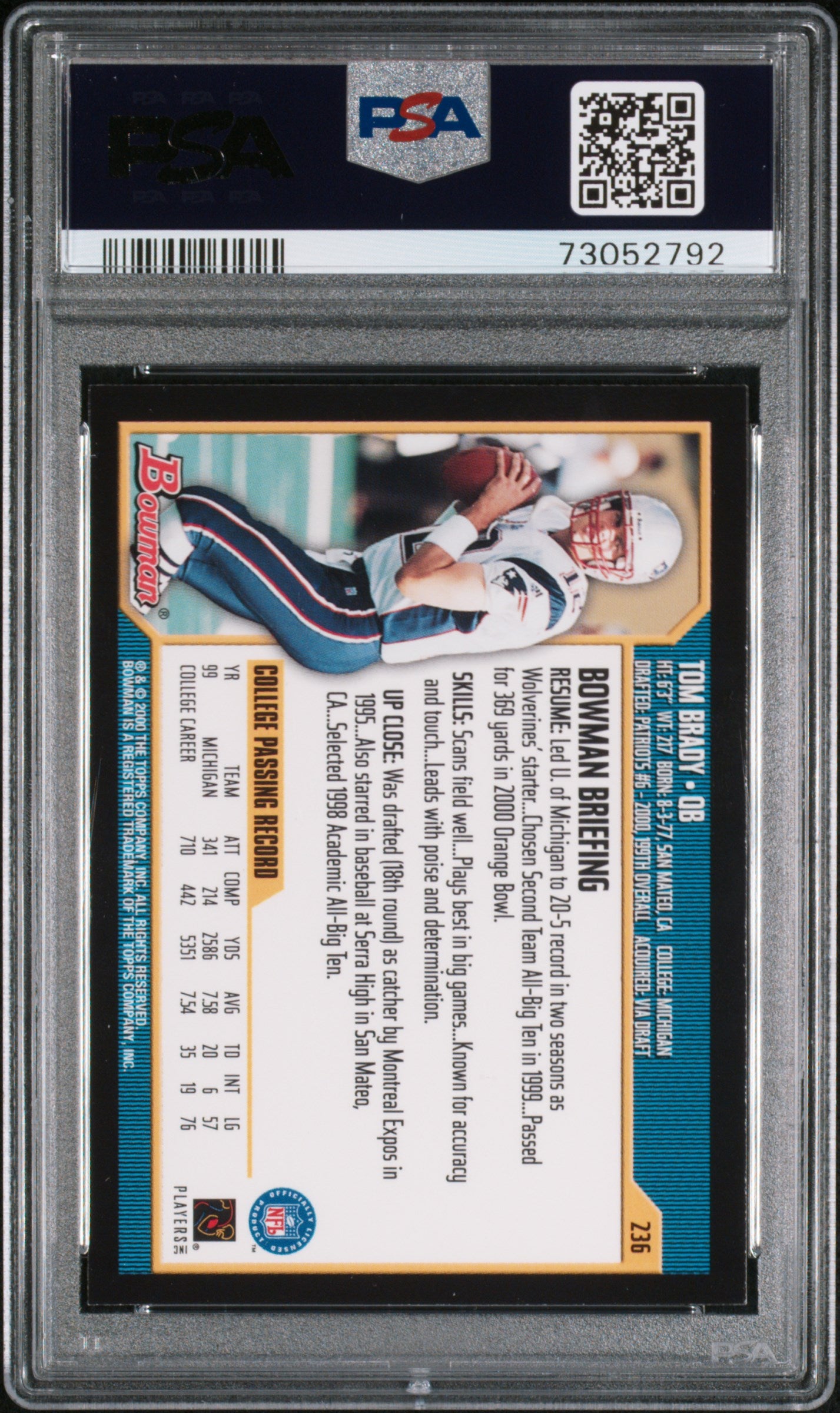 2000 Bowman Tom Brady #236 Rookie card RC PSA 8 Patriots