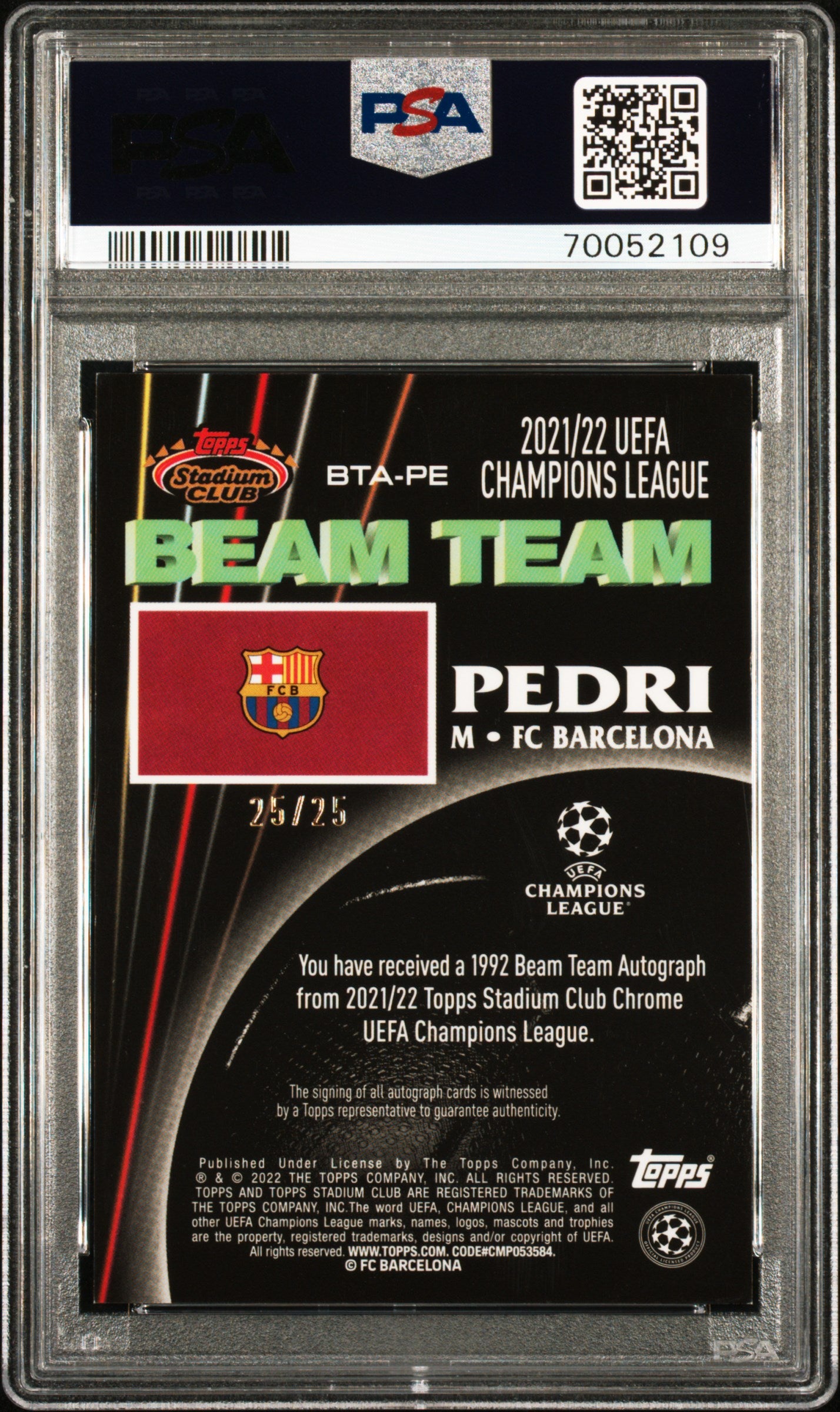 2021 Stadium Club Chrome UEFA Beam Team Auto Pedri Orange Refractor 25/25 PSA 9