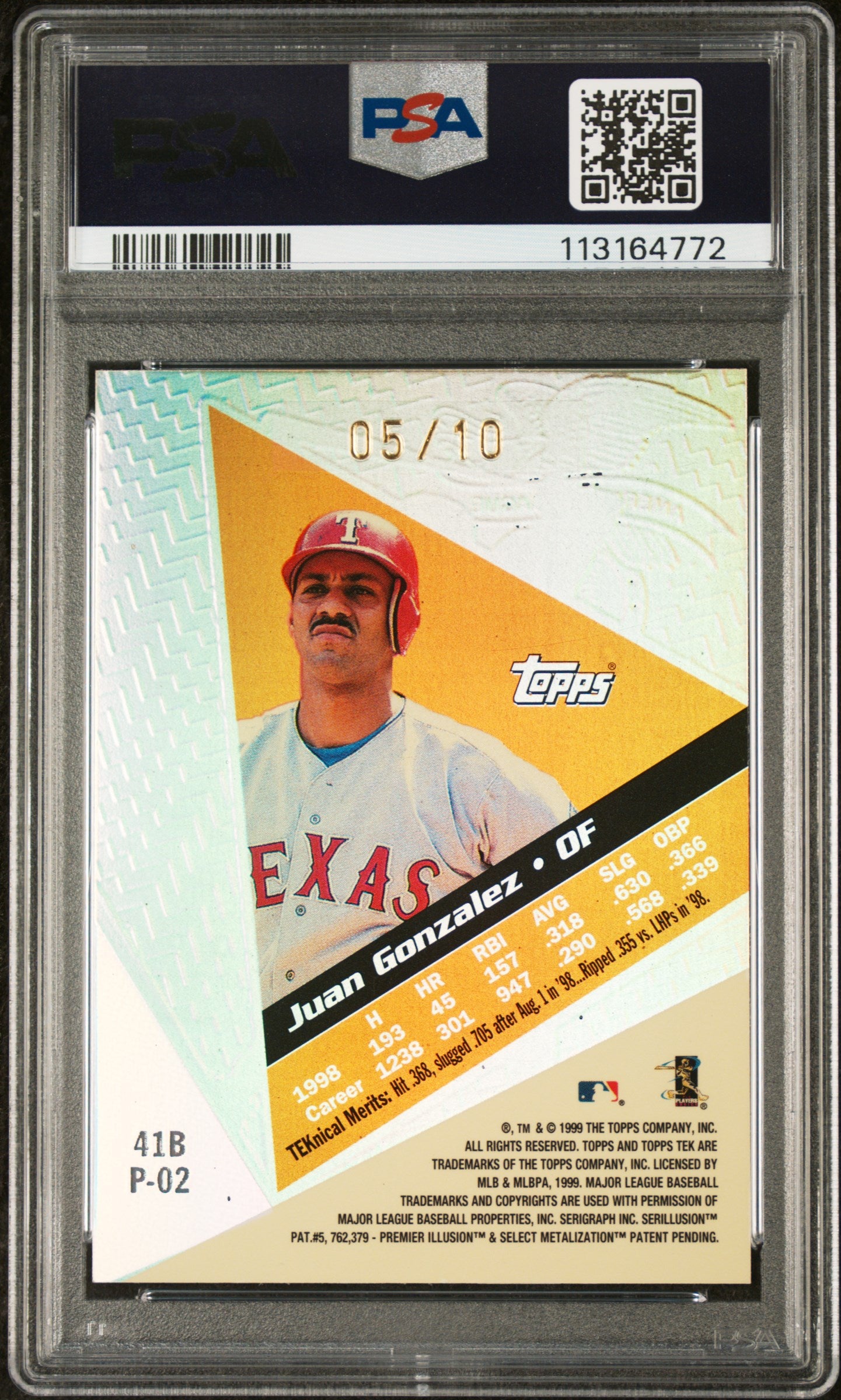 1999 Topps Tek Gold Juan Gonzalez #41B #/10 AL LOGO Pattern 2 PSA 9