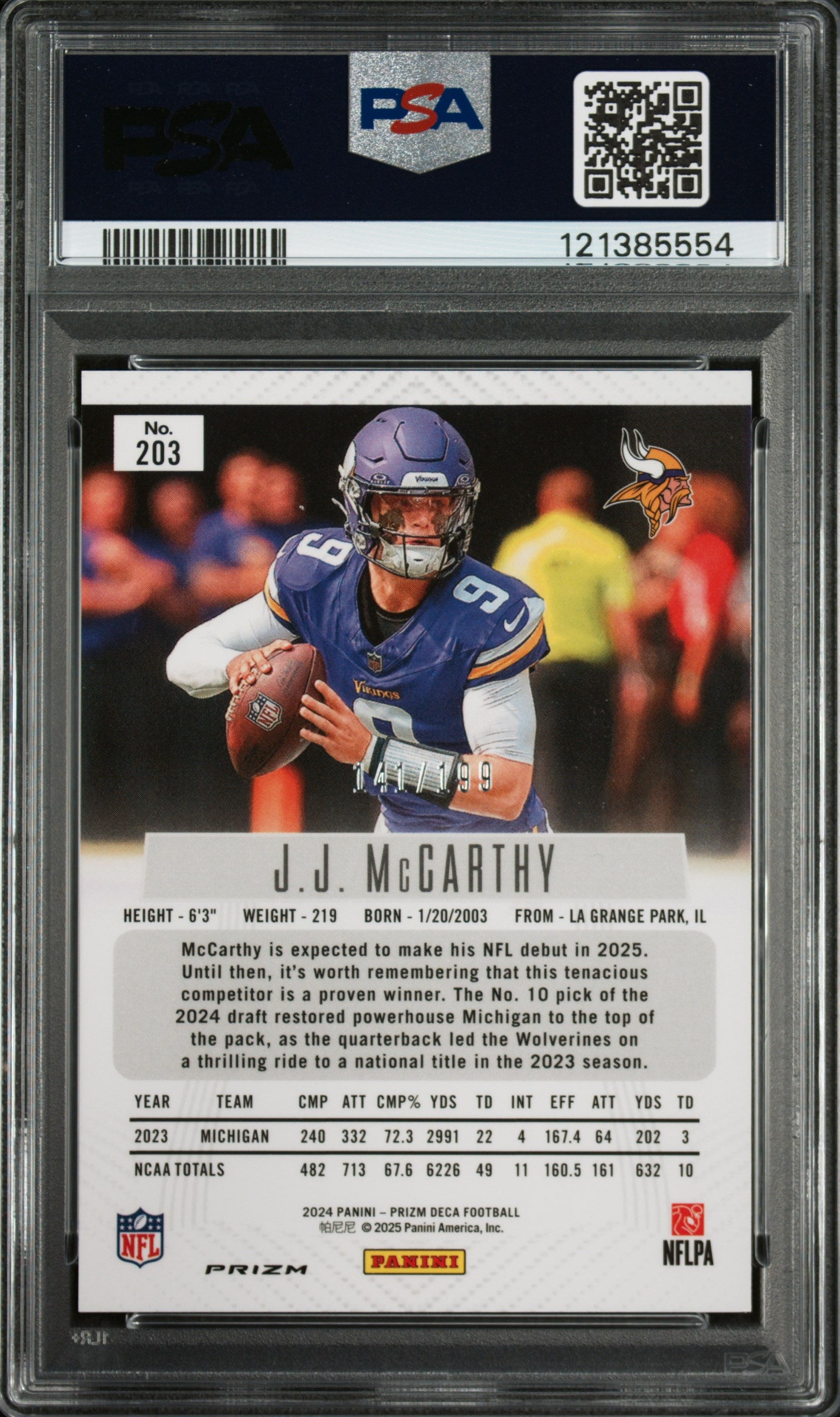 2024 Panini Prizm Deca JJ Mccarthy #203 Red Rookie #/199 RCPSA 10 Gem Mt Vikings