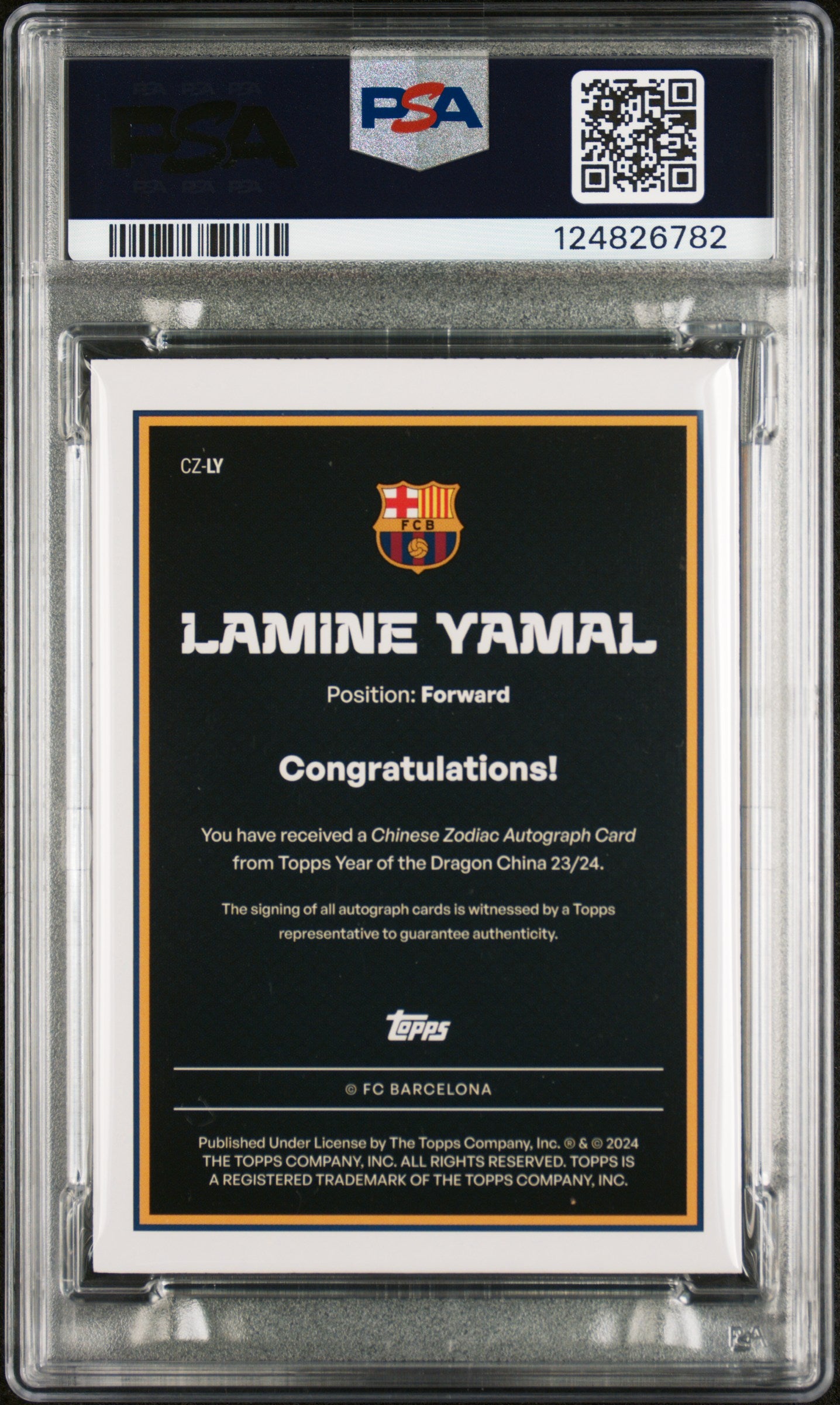 2023 Topps FC Barcelona Dragon Chinese Zodiac Lamine Yamal RC /99 PSA 9 Auto 10