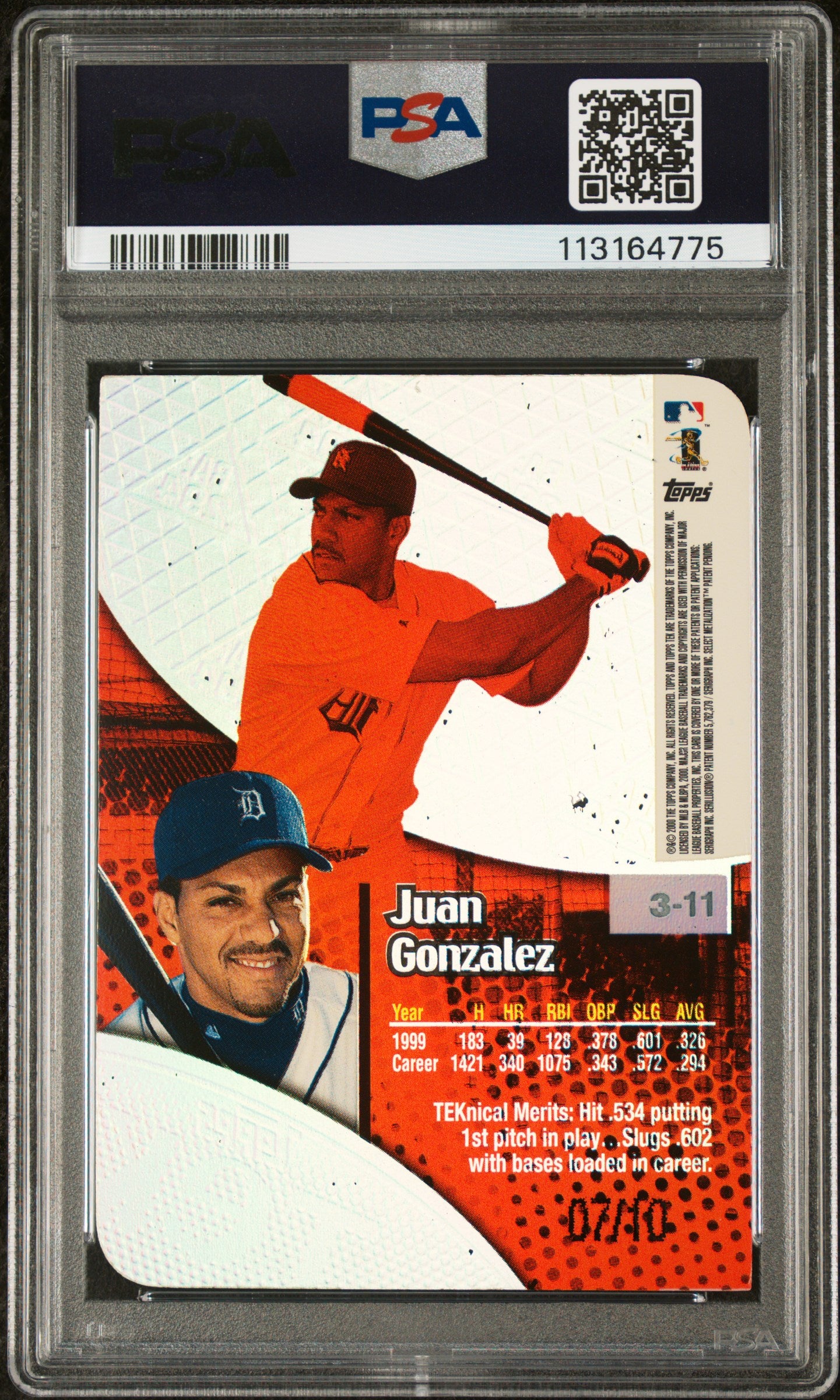 2000 Topps Tek Juan Gonzalez #3-11 Gold #/10 Batting Pattern PSA 9