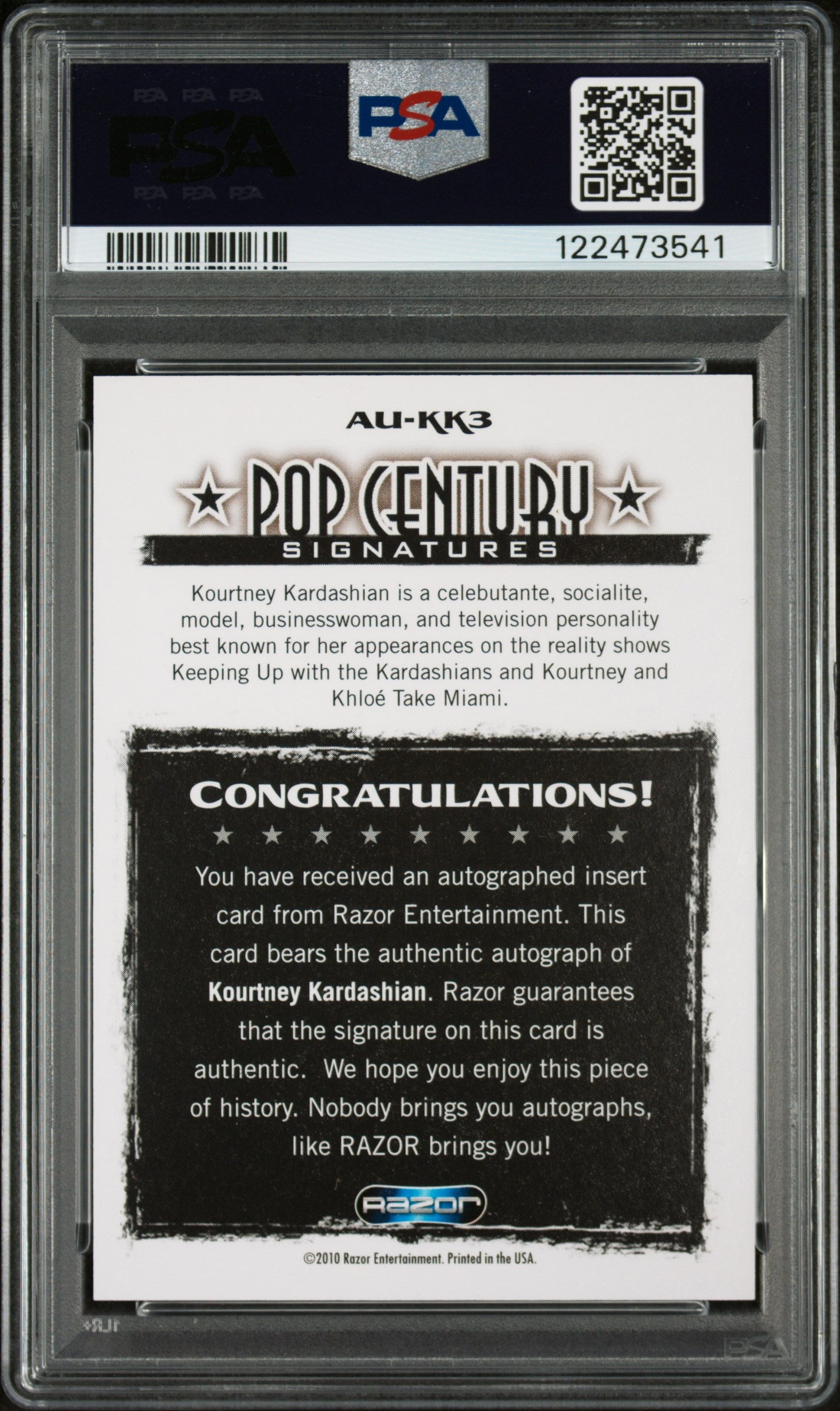 2010 Razor Pop Century Signatures Kourtney Kardashian Autograph Mint PSA 9
