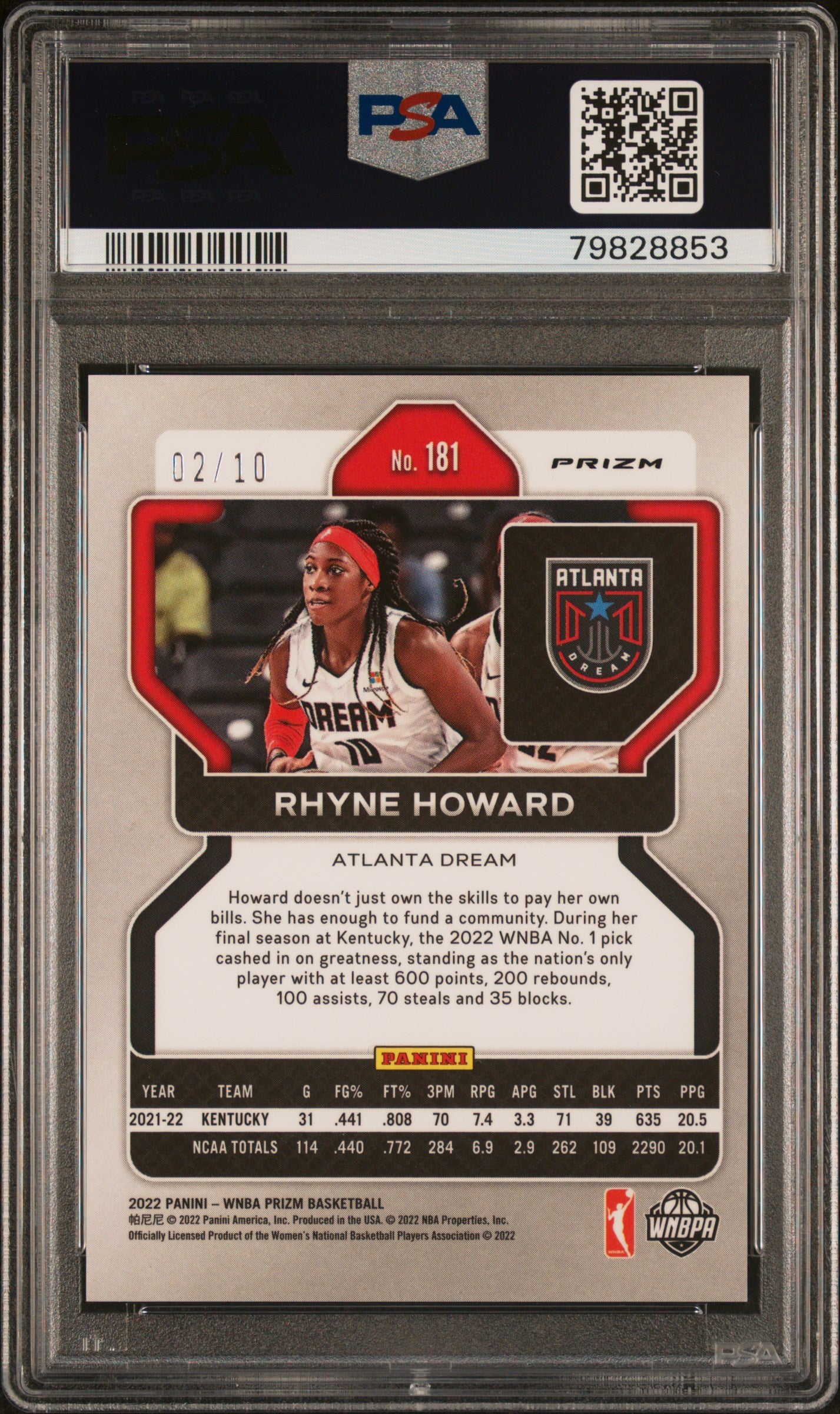 2022 Panini Prizm WNBA Rhyne Howard #181 Rookie Gold RC #2/10 PSA 9 DREAM