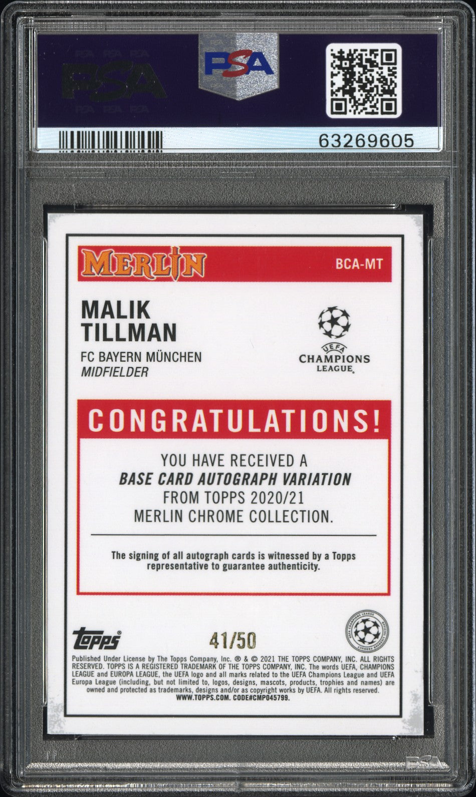 2020 Topps Merlin Chrome UEFA Auto Malik Tillman Rookie Gold Refractor PSA 9 USA